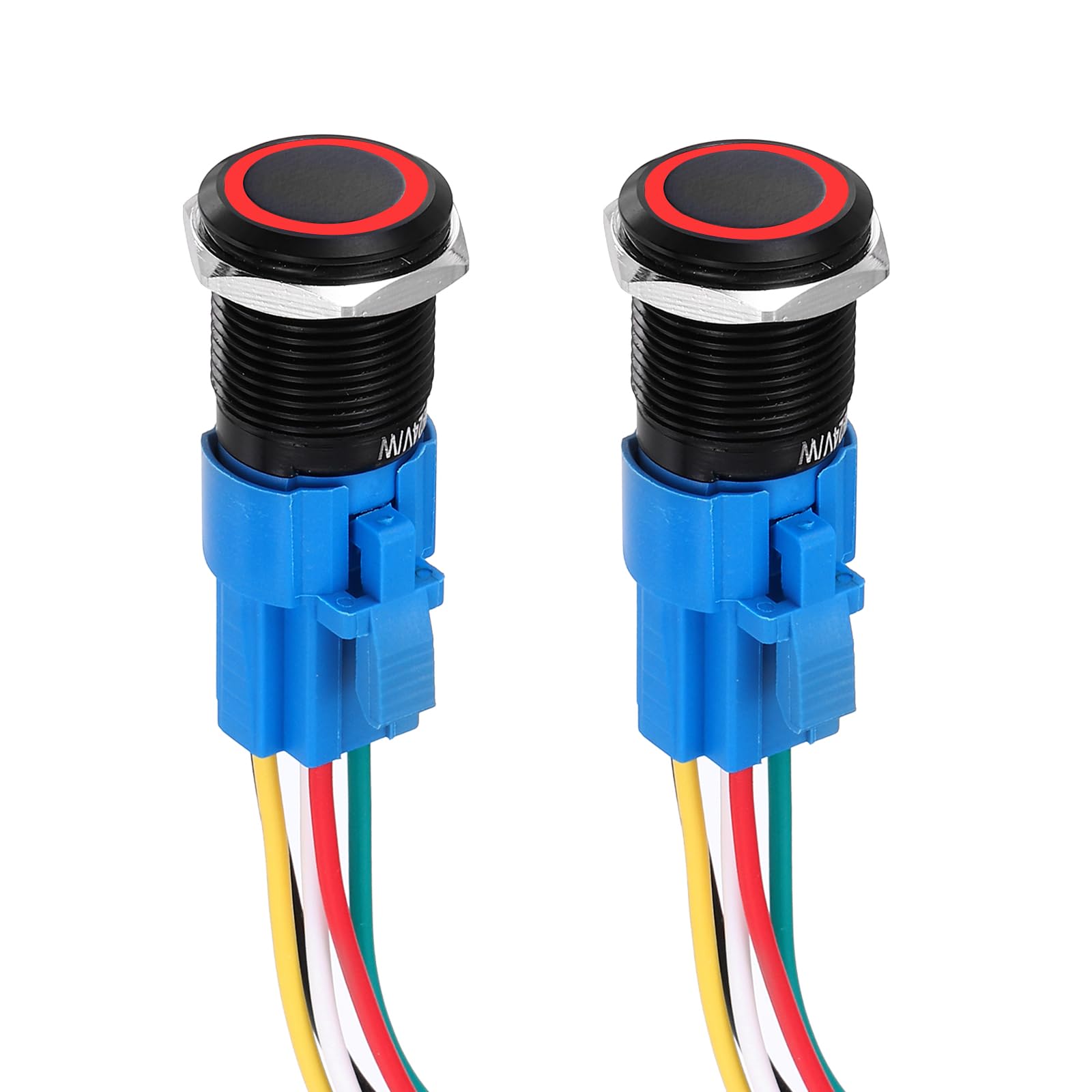 DMiotech 2 Pcs 5/8" Aluminium Alloy Momentary Push Button Switch 5Pin 1NO1NC 3A 12-24V Black Flat Button Red Ring Lamp with Socket Plug with Wire for Car Boat Systems