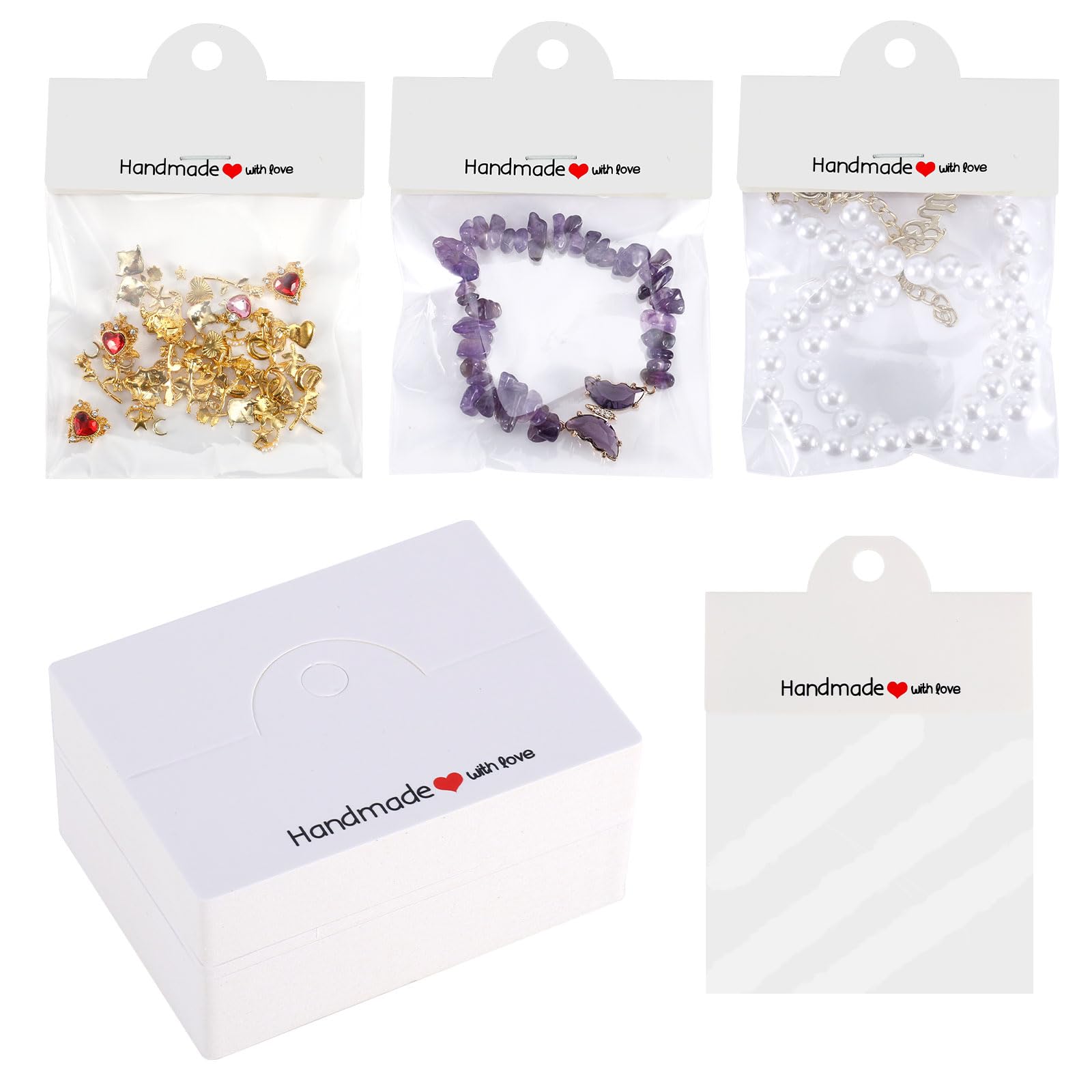 100pcs Jewelry Package Bags, Premium Paper Jewelry Display Bags for Small Business with 100pcs Transparent Plastic Bags for Bracelets Necklaces Package Display Supplies(White)