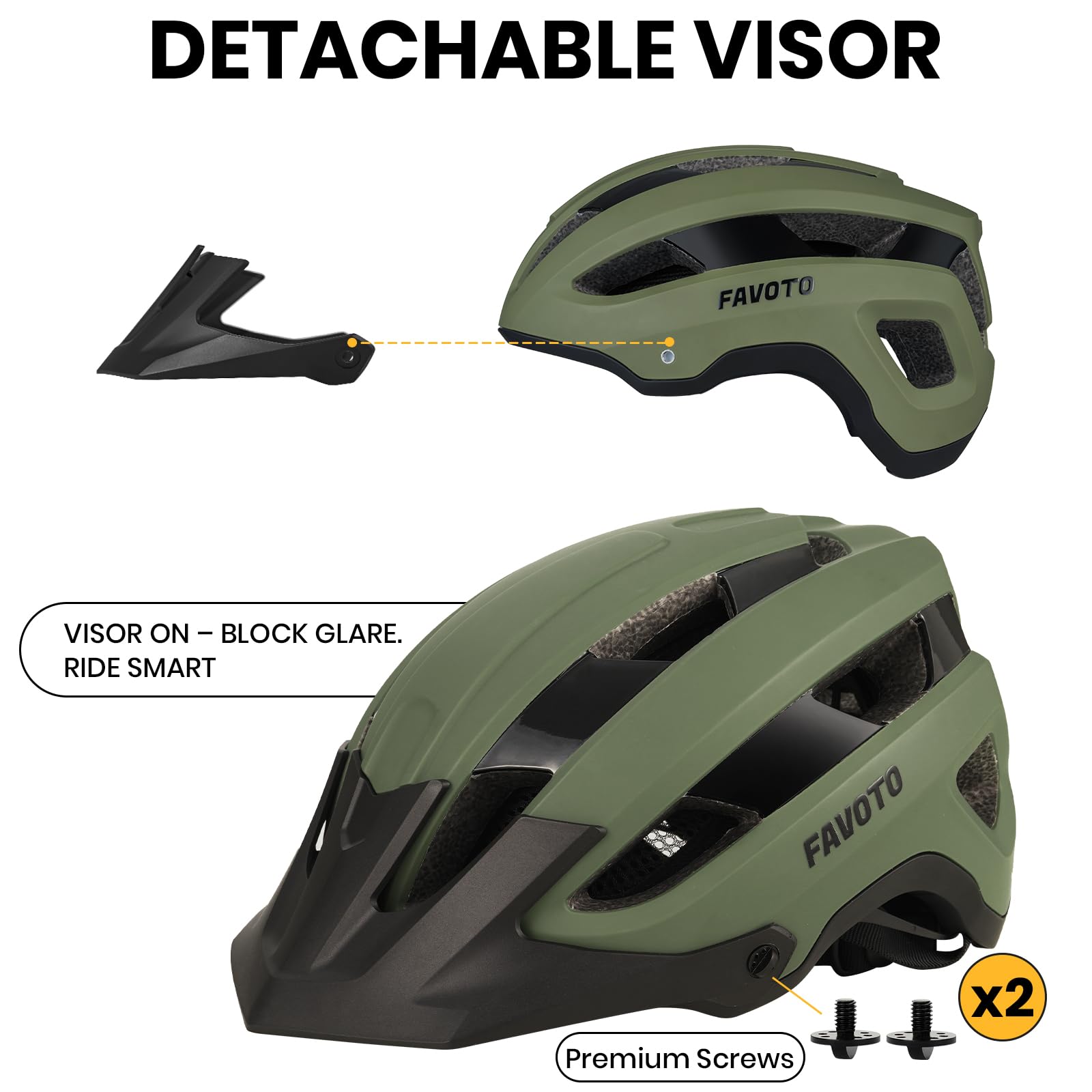 Favoto Casque VTT Adulte Léger Certifié CE Triple Protection Renforcée Visière Amovible Respirant Taille Réglable