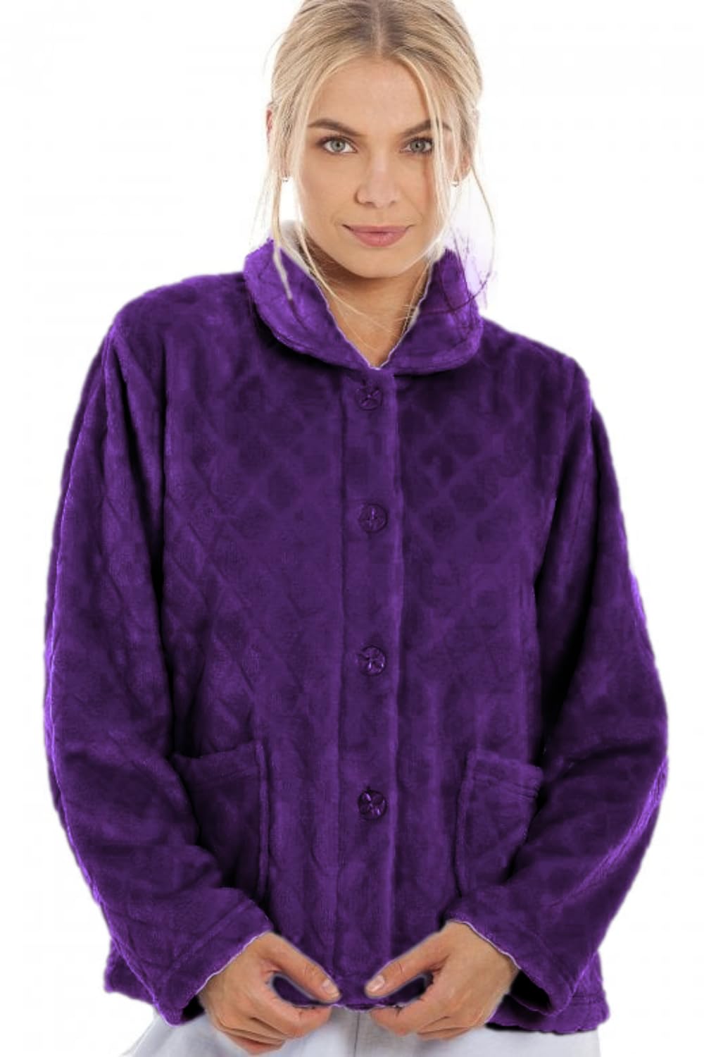 Camille Womens Supersoft Fleece Bed Jacket - Floral Print Luxury Collared Warm Sleep Top - Bouton up & Long Sleeved