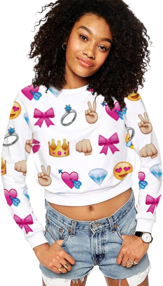 Sexy Women Long Sleeve Emoji Crop Top Sweatshirt Tops Sweat Shirt (S)