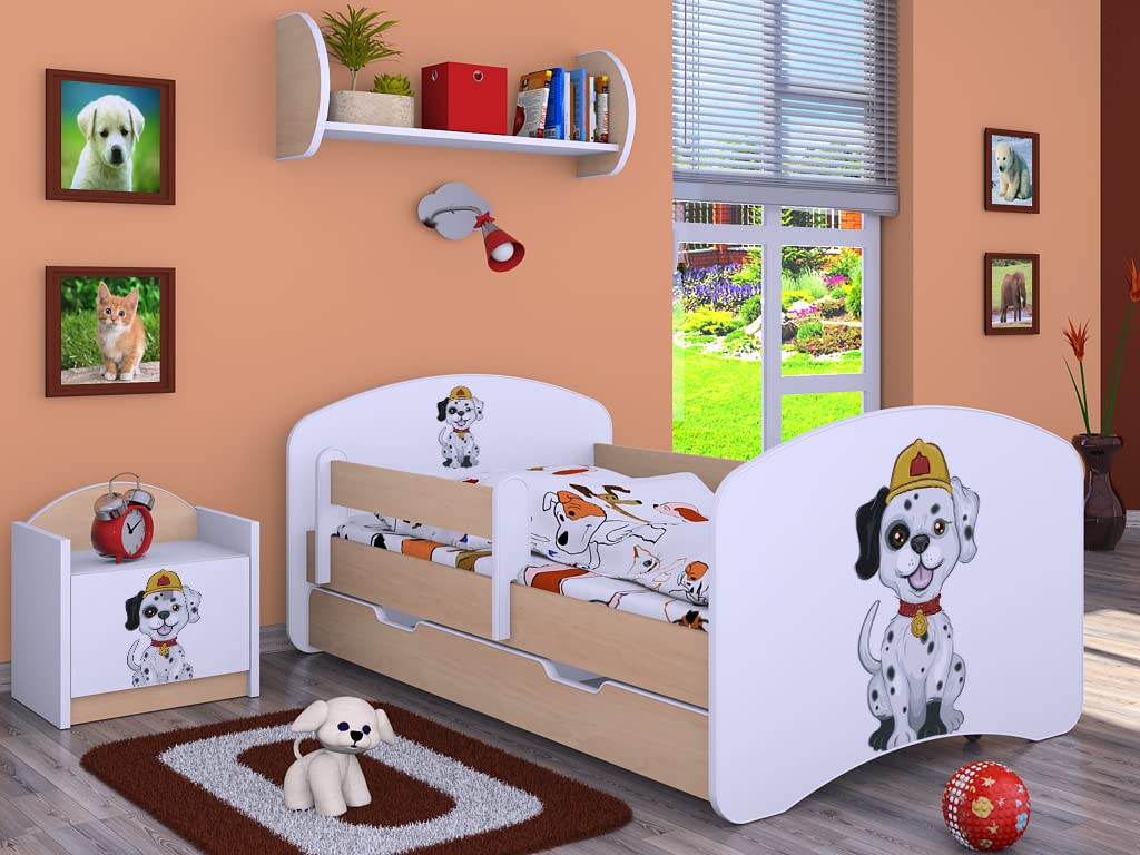 BDW Cama Infantil Super Dogs - Cama de bebé con colchón y cajón - Cama anticaída cómoda y Duradera - Habitación Infantil - Pera Clara (Motif 2) - 140x70