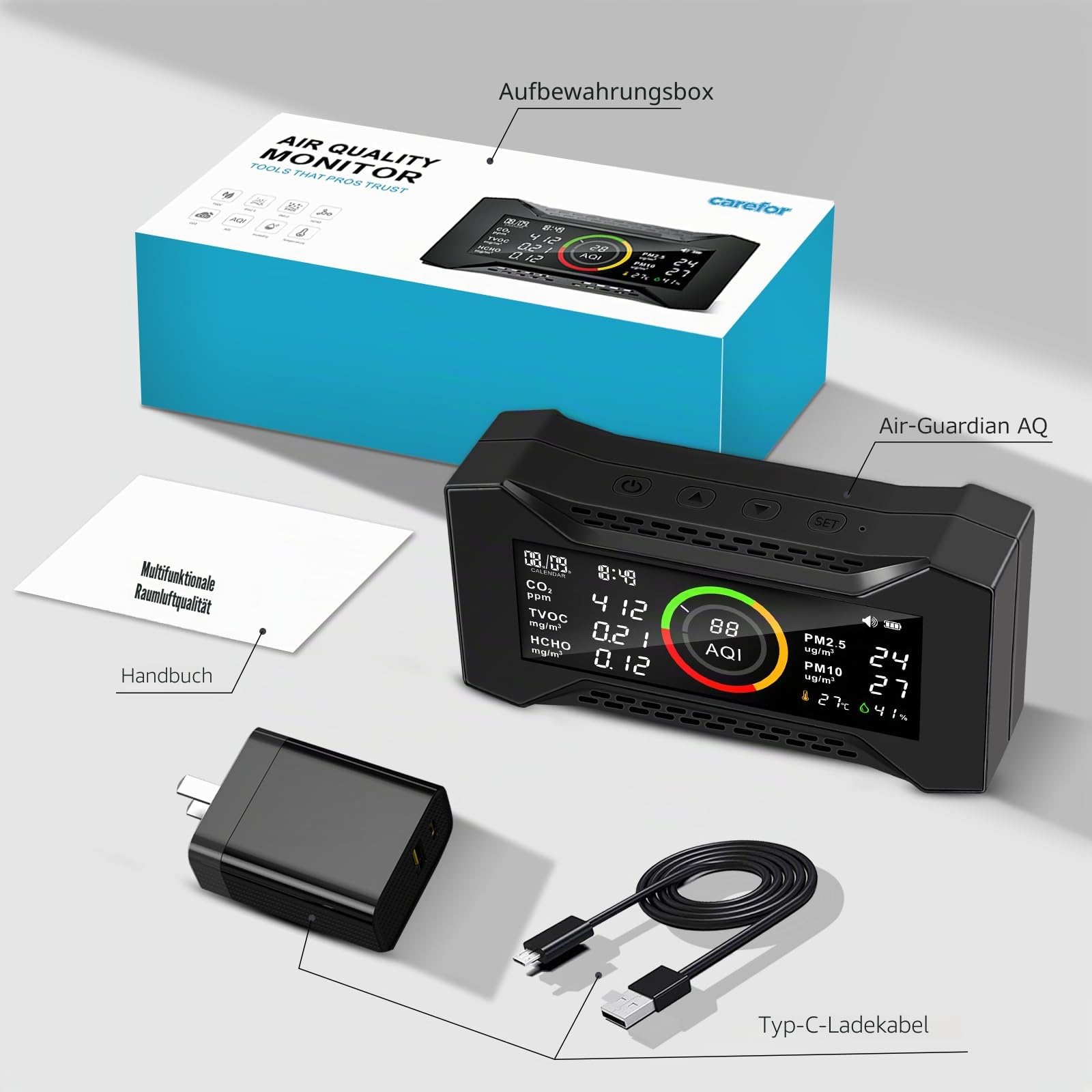 CF-20 DL Luftqualitätsmonitor Innen mit Datenbericht für CO2 TVOC PM2.5 PM10 AQI HCHO Temperatur Luftfeuchtigkeit, Luftverschmutzungsmonitor mit Audio-Alarm, CO2-Monitor für Zuhause