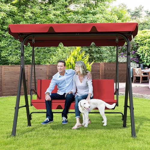 Image of GARTOO 3-Seat Patio Swing Chair, Outdoor Porch Swing with Adjustable Canopy and Durable Steel Frame for Patio, Garden, Poolside(Red)