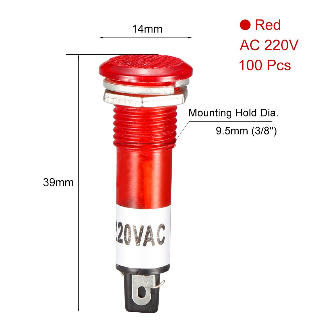 Ruilogod Indicador de neón luces AC 220V, bulbos de tablero XD10-1 rojo, montaje en panel de 9.5 mm 3/8 ", 100pcs