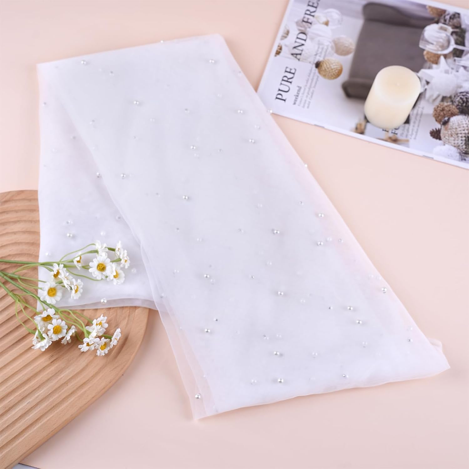 Pearl Tulle 10FT Extra-Wide Tulle with Pearls, 60 x 120 Inches Soft Sheer Fabric in Multiple Colors for Wedding Arch, Party, Baby Shower, Birthday, Veil, Dress and Home Decor (White)