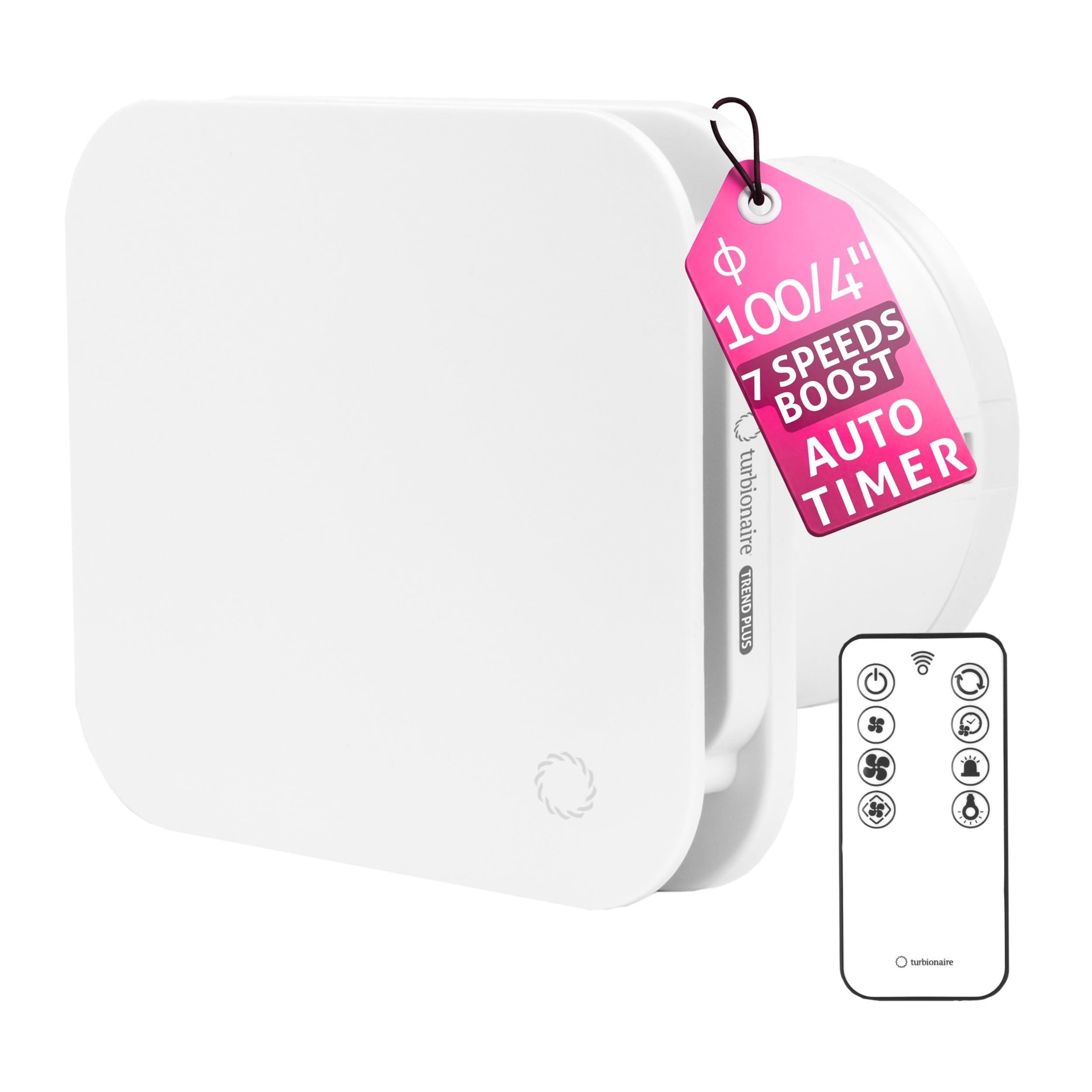 Turbionaire Trend Plus 100 WM Ventilatore, Estrattore per Bagno,100mm, Telecomando, Multifunzione, 22dB, Max. 5.7W, 7 Velocità + Boost, Valvola di Non Ritorno, Timer, Garanzia 3 Anni, Aspiratore