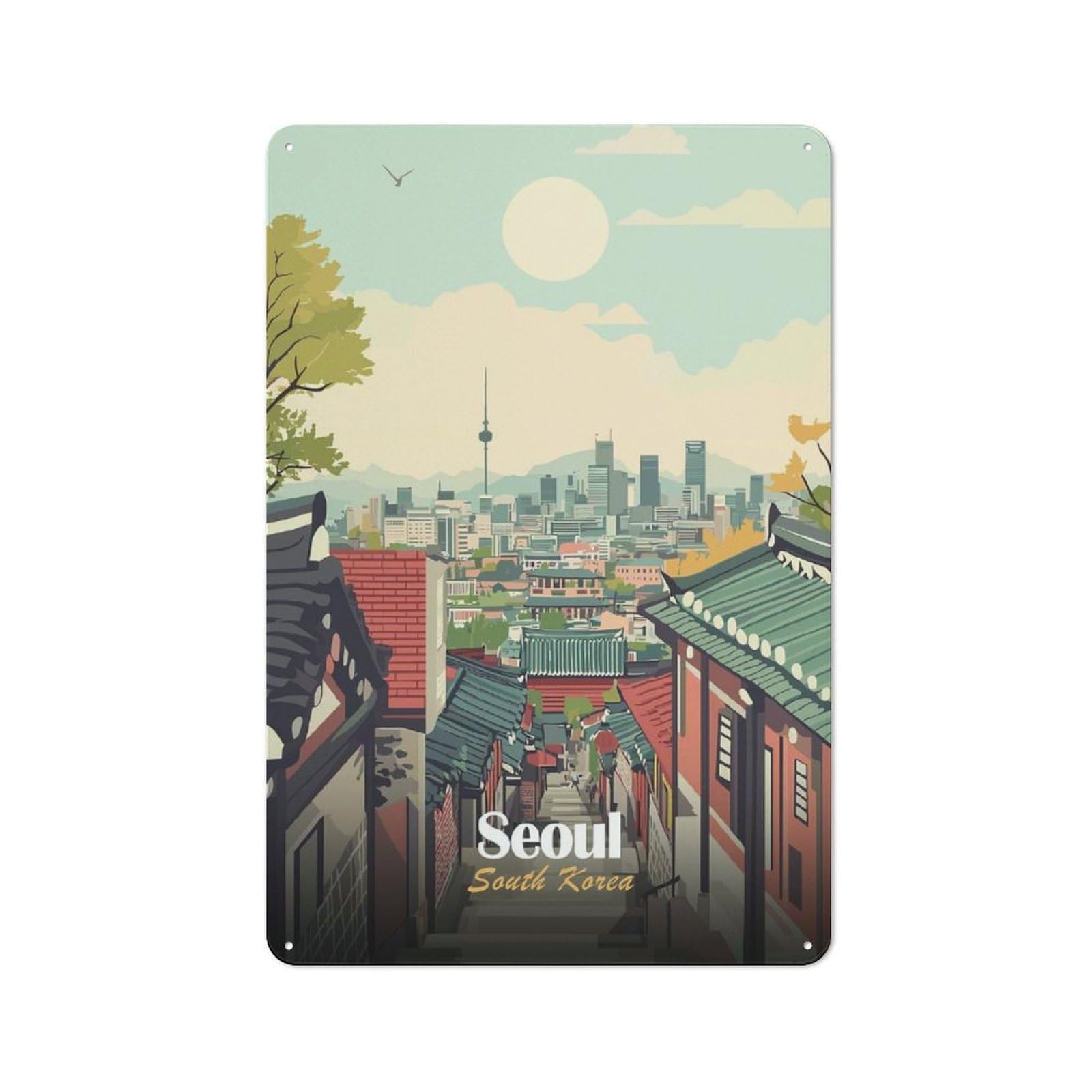 Junmoney Style-24 Metal Gift Sign With Seoul Cityscape Illustration Design 30X20cm, Character Room Wall Plaque For Flat, Dorm Room, Lounge Or Cafe
