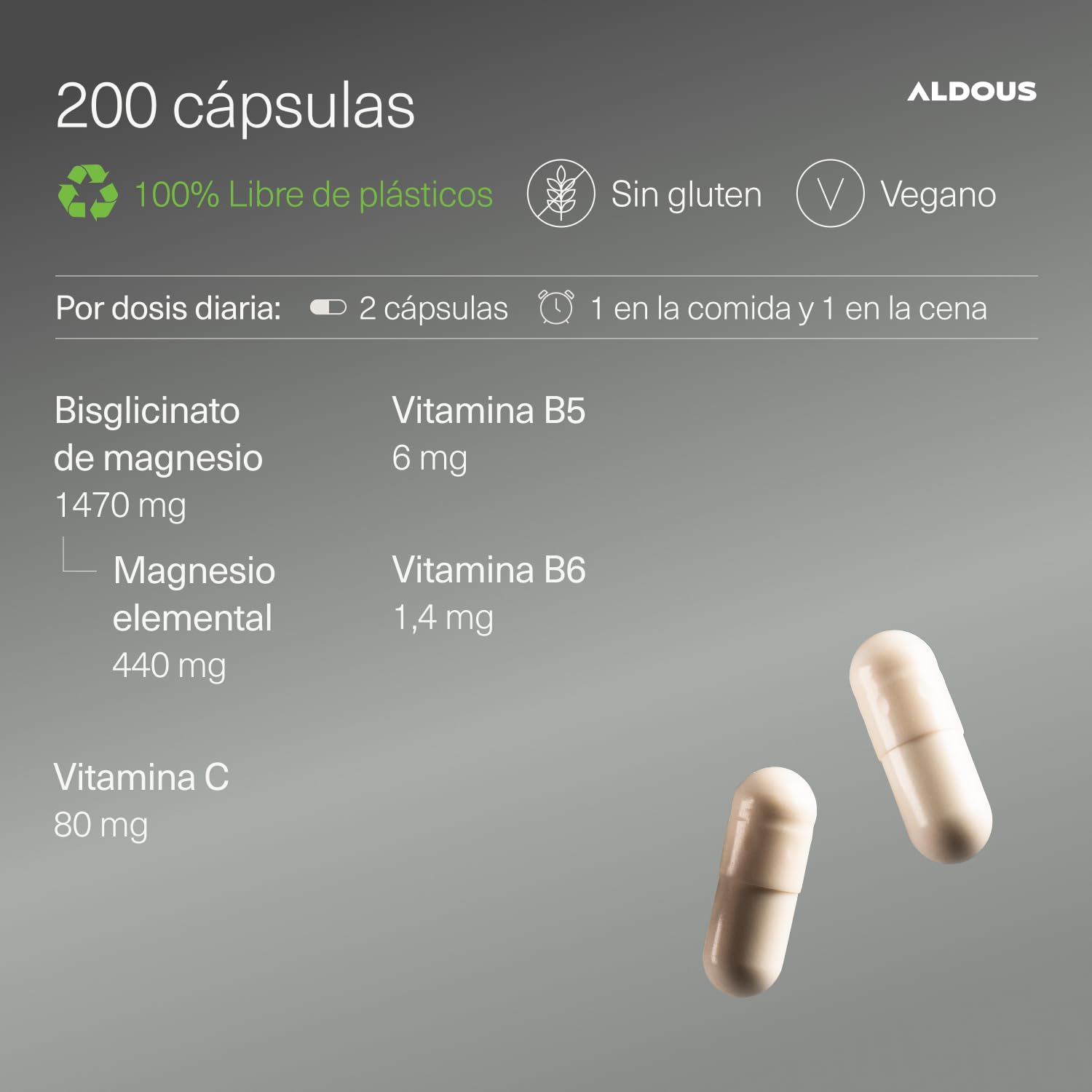 Magnesio Bisglicinato - 200 Cápsulas - Vitamina C, B6, B5 - Bisglicinato de Magnesio Alta Biodisponibilidad - Vitaminas para el Cansancio - Huesos, Articulaciones, Músculos - Glicinato - ALDOUS