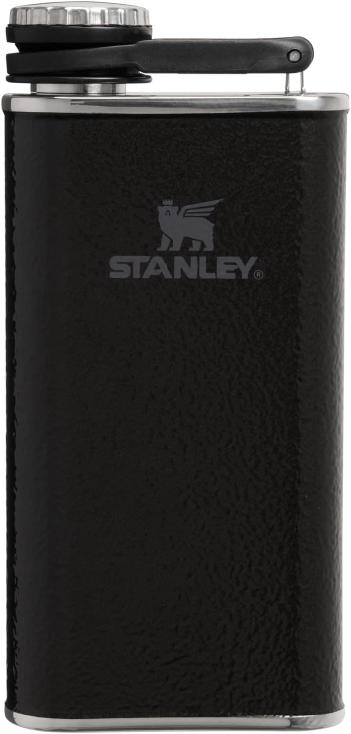 Stanley Classic Easy Fill Wide Mouth Flask 8 oz | Leakproof Hip Flask | Hinge Connected Never Lose Cap | Insulated Stainless Steel Liquor Container | BPA-Free | Hammertone Black