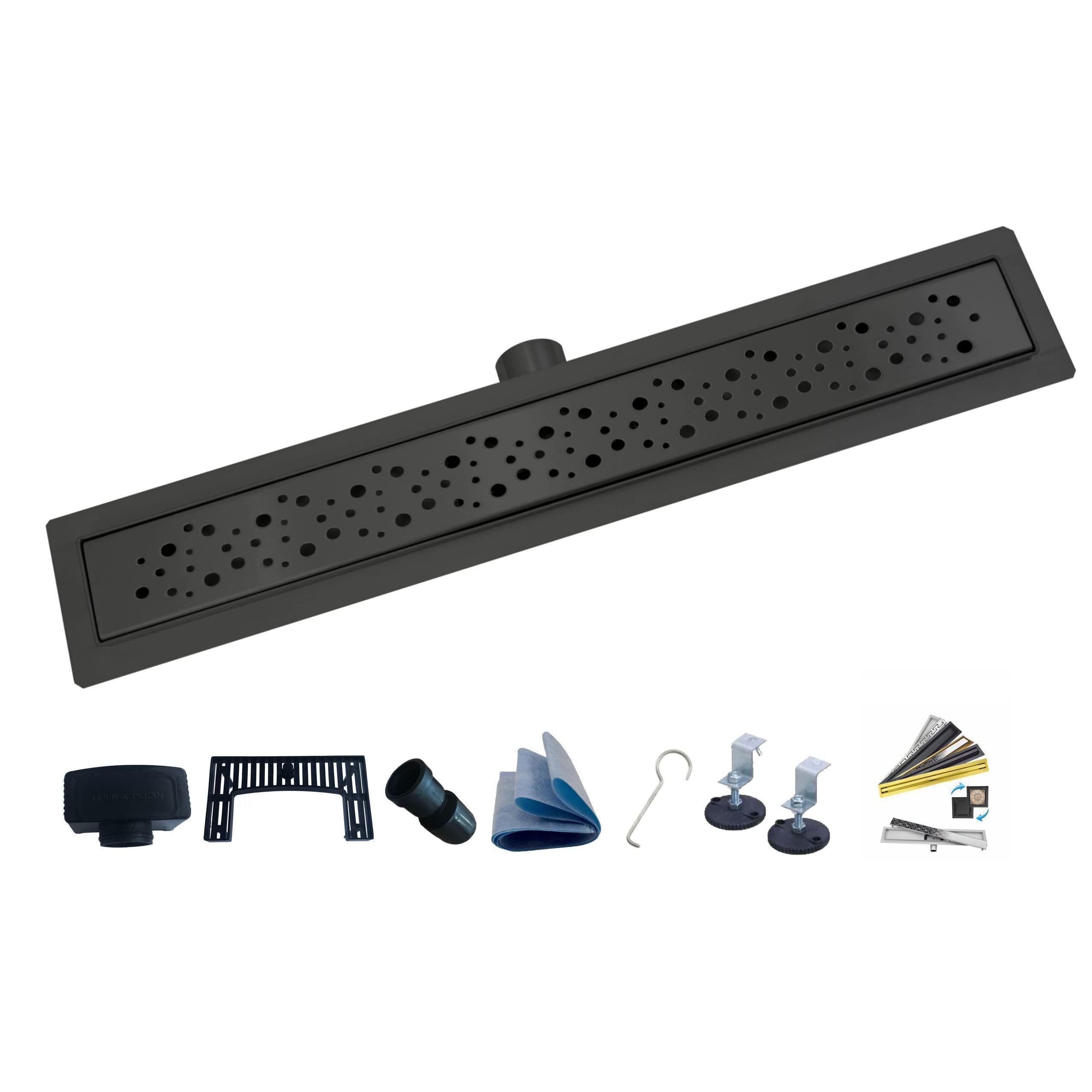 Bulles Caniveau de Douche Italienne avec Siphon Ultra-plate en Acier Inoxydable Grille Sol de Douche Linéaire Hauteur d'installation de 52 m Ensemble Complet Noir 90 cm