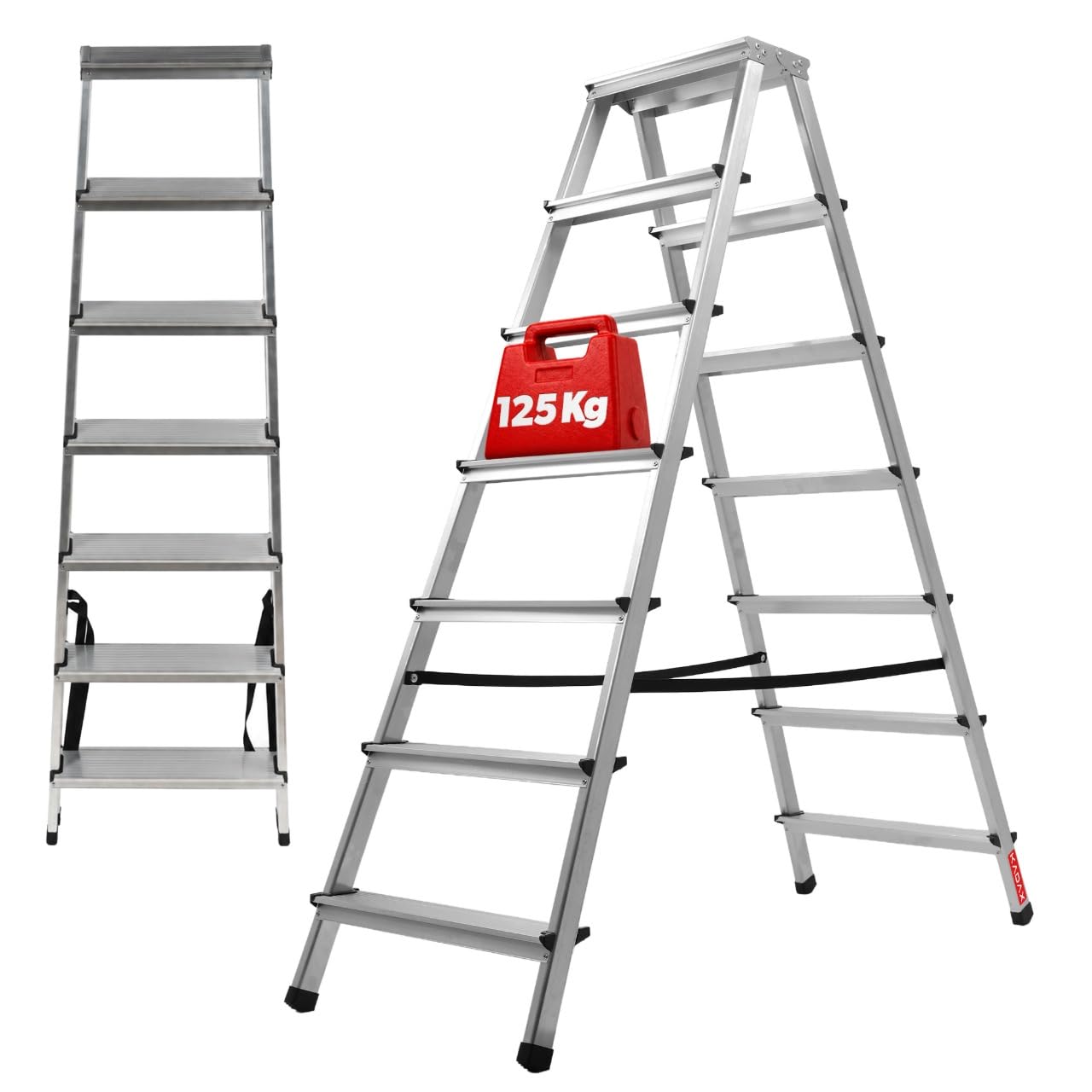 KADAX Escalera de Doble Cara de Aluminio con 7 Peldaños Antideslizantes, Capacidad de Carga de 125 kg, Plataforma de Trabajo y Diseño Plegable (145 x 50.5 cm)