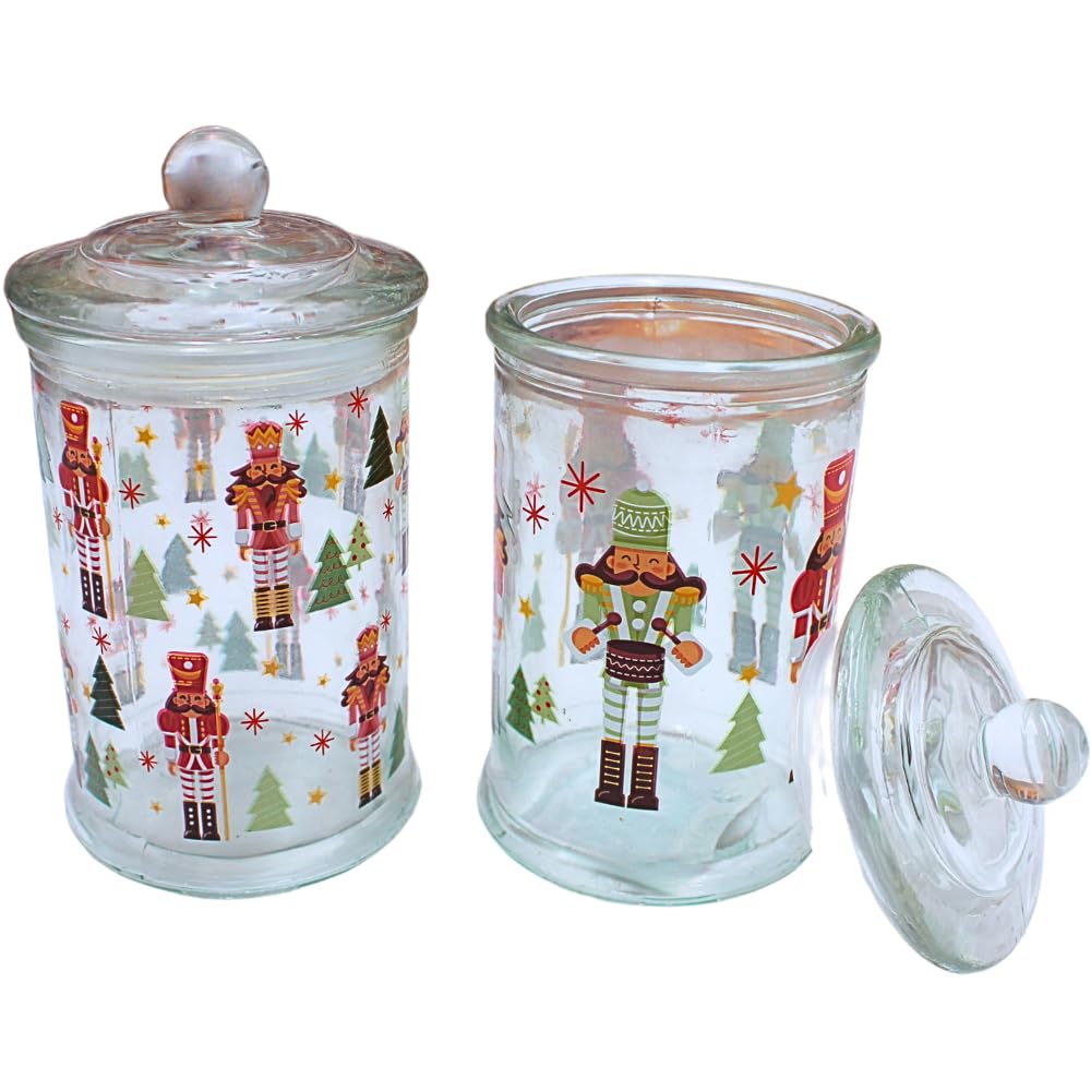 Dekohelden24 Boîte aromatique, boîte de conservation, récipient en verre avec motif de Noël, boîte à biscuits avec motif casse-noisette, H x Ø : 19 x 10 cm, capacité 600 ml par verre, contenu de la