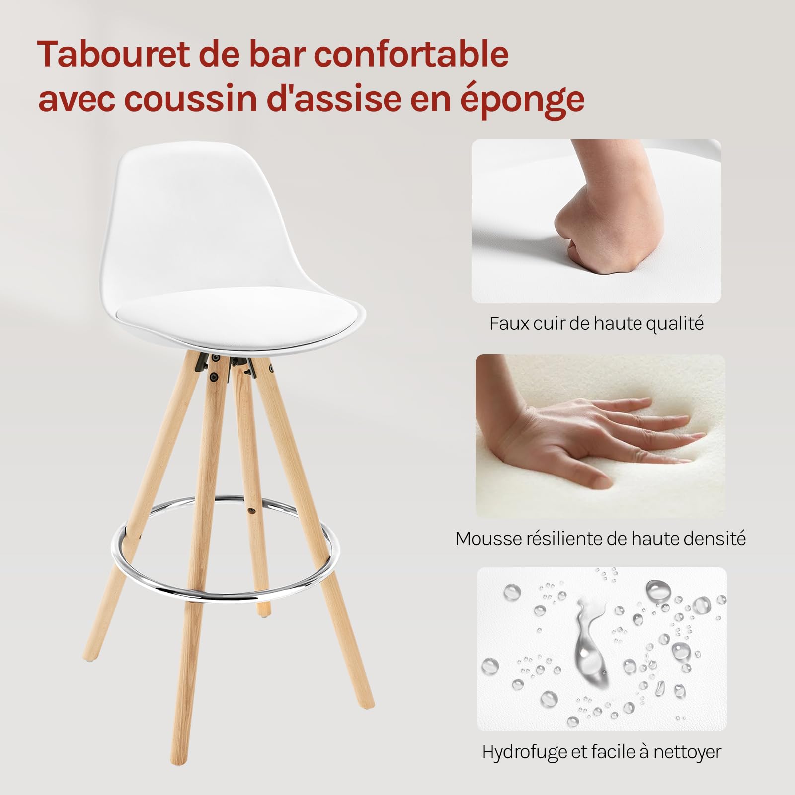 WOLTU Lot de 2 Tabourets de Bar en Similicuir, Tabouret de Cuisine avec Repose-Pied,Blanc BH45ws-2