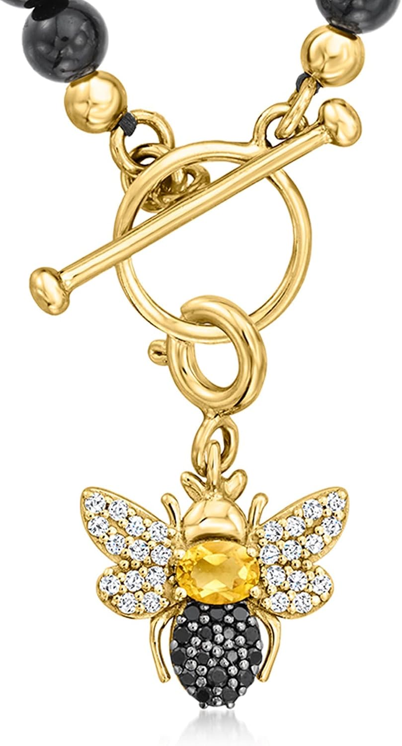 Ross-Simons 0.10 Carat Citrine and .10 ct. t.w. White Topaz Bumblebee Charm With Black Spinel in 18kt Gold Over Sterling