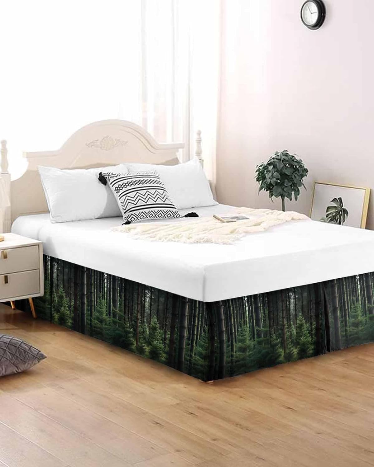 Green Forest Bed Skirt Queen Size 16 Inch Drop with Split Corners, Dust Ruffled Pleated Bed Skirts Wrap Around Tailored Bed Skirt Valance for Bedroom Mysterious Primitive Forest Pine Tree
