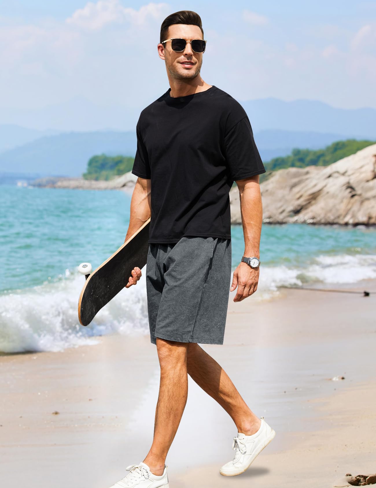 Flygo Herren-Sweatshorts, säuregewaschene Baumwolle, elastischer Bund, Kordelzug, Fitnessstudio, Workout, Joggerhose mit Taschen, 3er-Pack