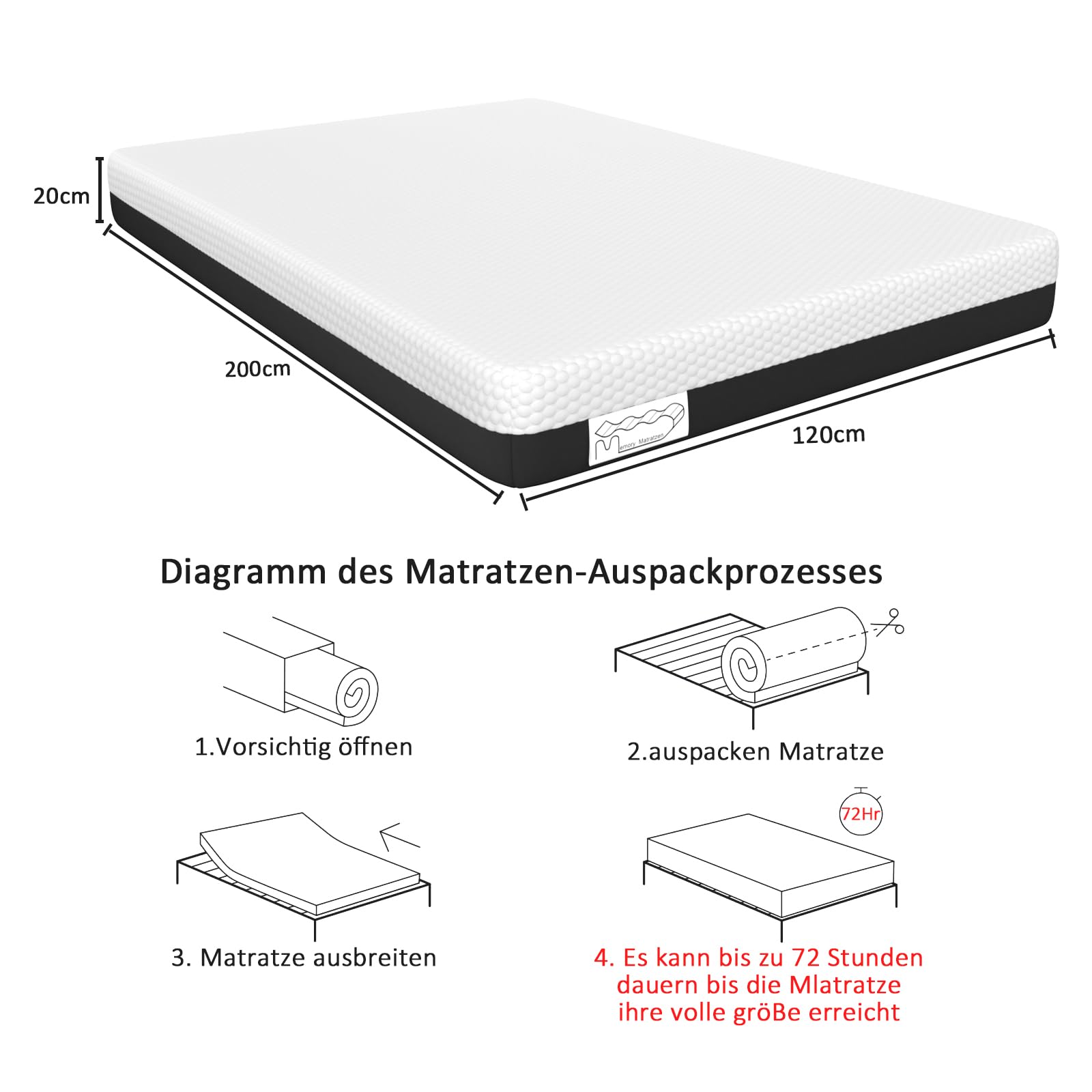Generico Memory Matratzen Materasso 120 x 200, Gel Memory Foam, Con Rivestimento Sfoderabile, Ultra Traspirante, Medio Rigido H3, Sollievo Dal Mal Di Schiena, Durevole (20CM, 120X200CM)