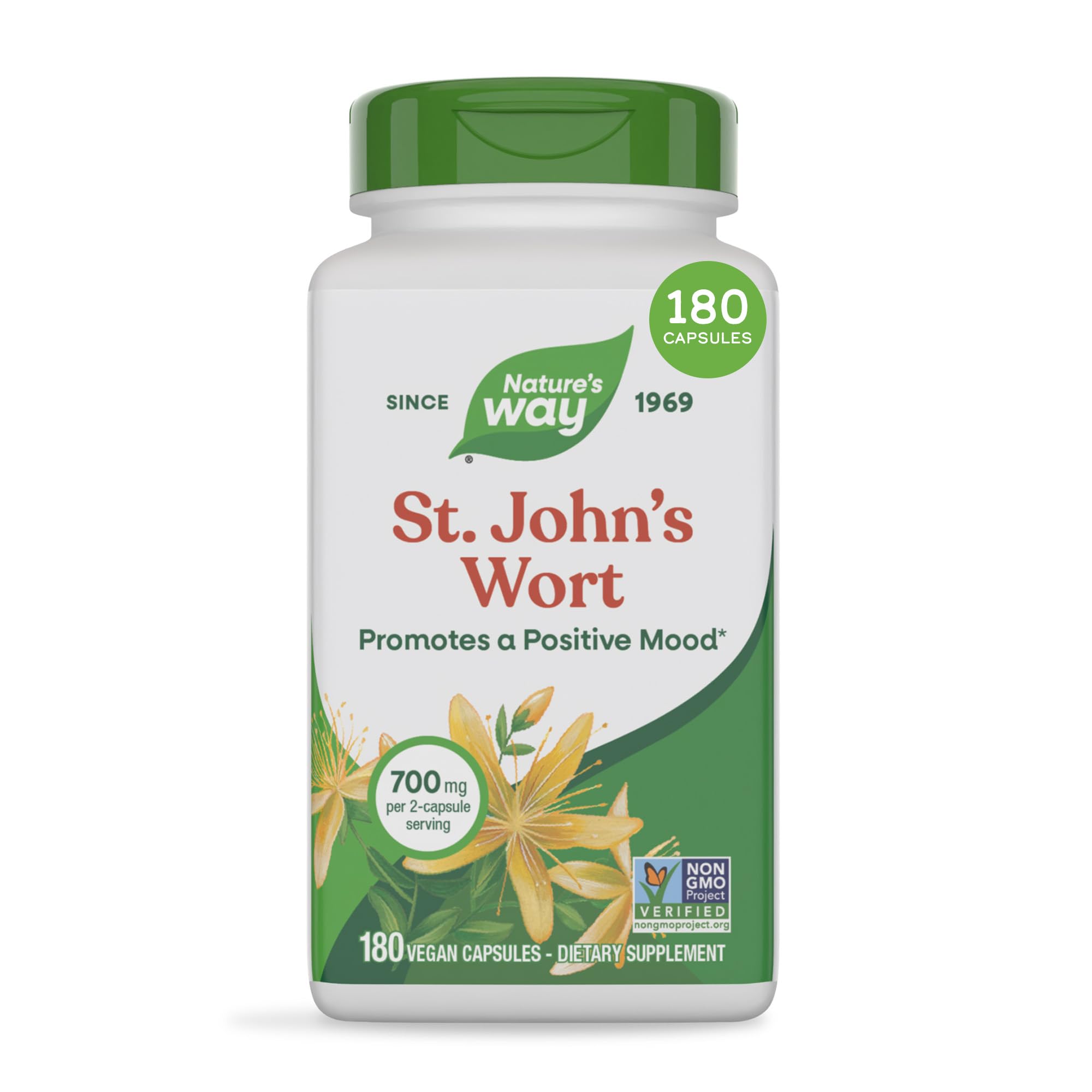 Nature’s Way St. John’s Wort Capsules, Herbal Supplement Promotes a Positive Outlook*, 700 mg per 2-capsule serving, Non-GMO Project Verified, Vegan, 180 Capsules