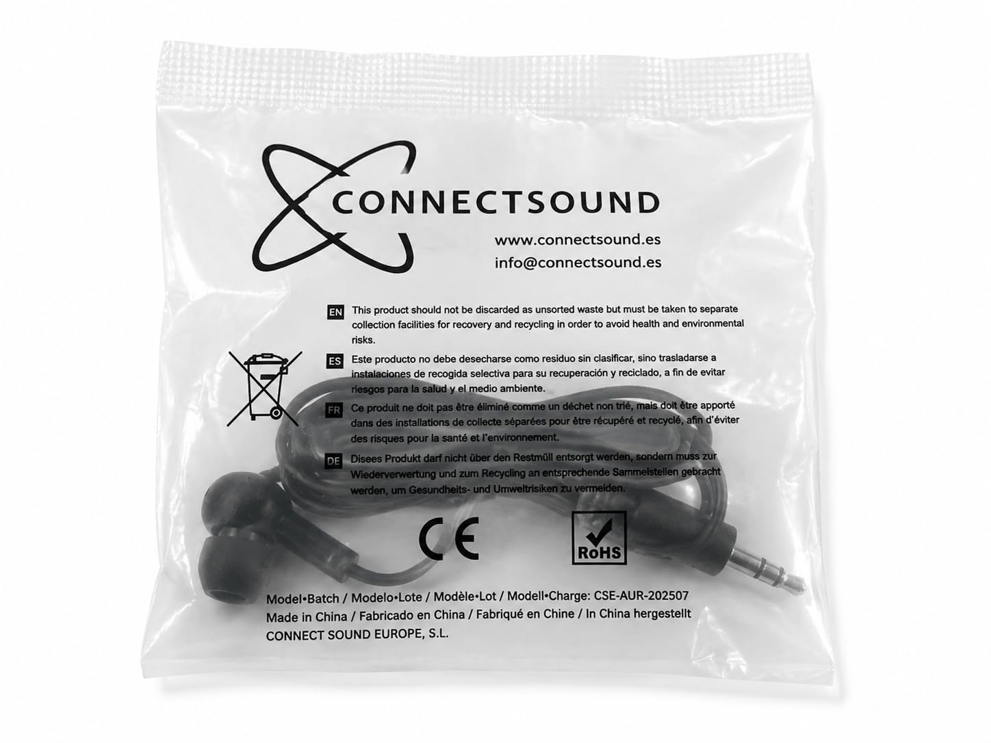 Auriculares Desechables Éstereo negros Jack 3.5 mm Bolsa 100 Unidades