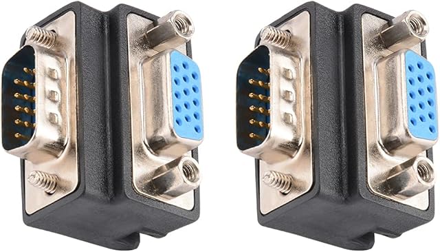J&D DB15 90 Degree VGA 15 Pin Adapter (2 Pack), D sub 15 Nickel coated Connector Right Angle Male to Female VGA 15 Pin Adapter Coupler Converter