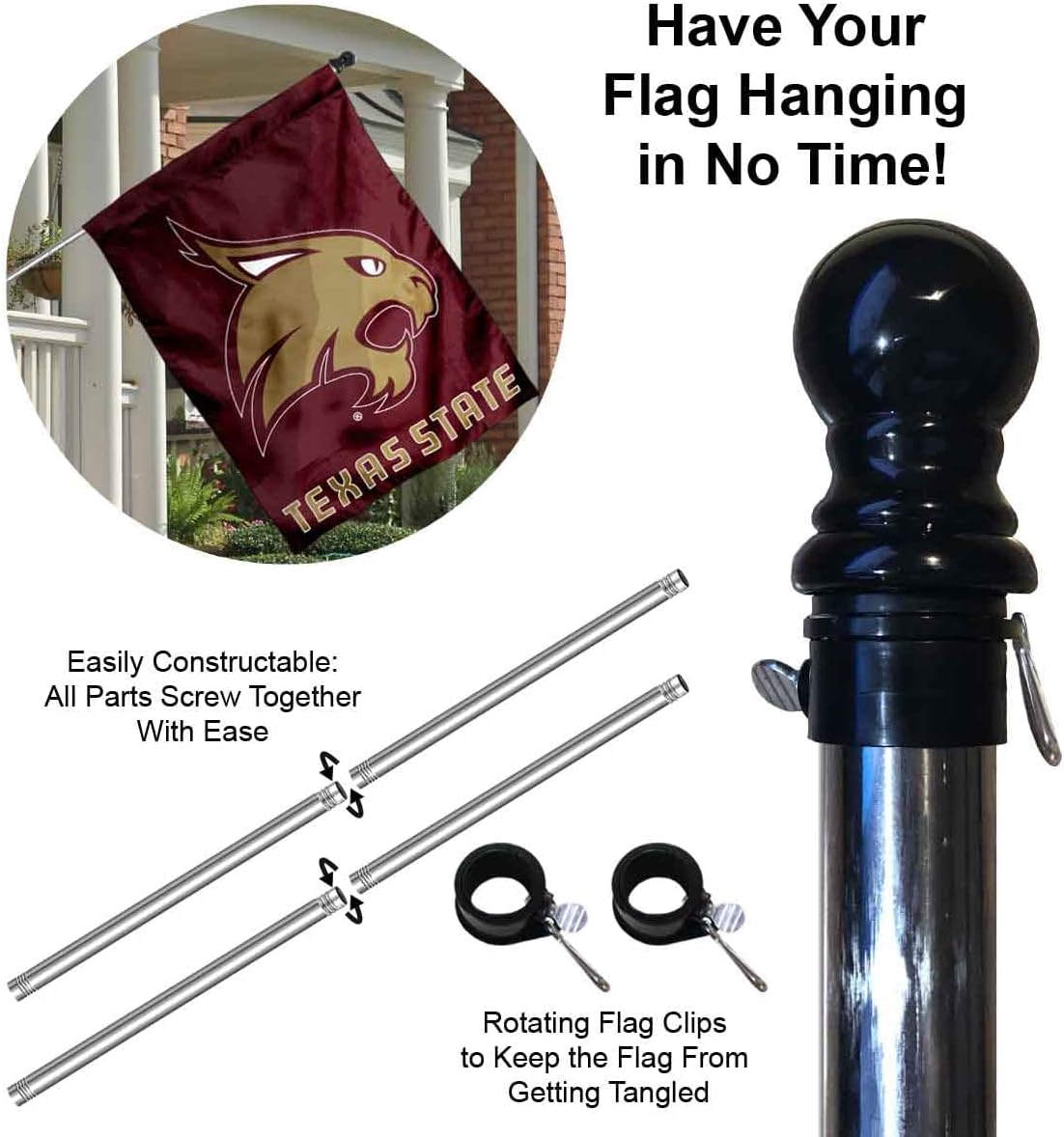 College Flags & Banners Co. Texas State Bobcats New Logo Double Sided House Flag with Pole Set