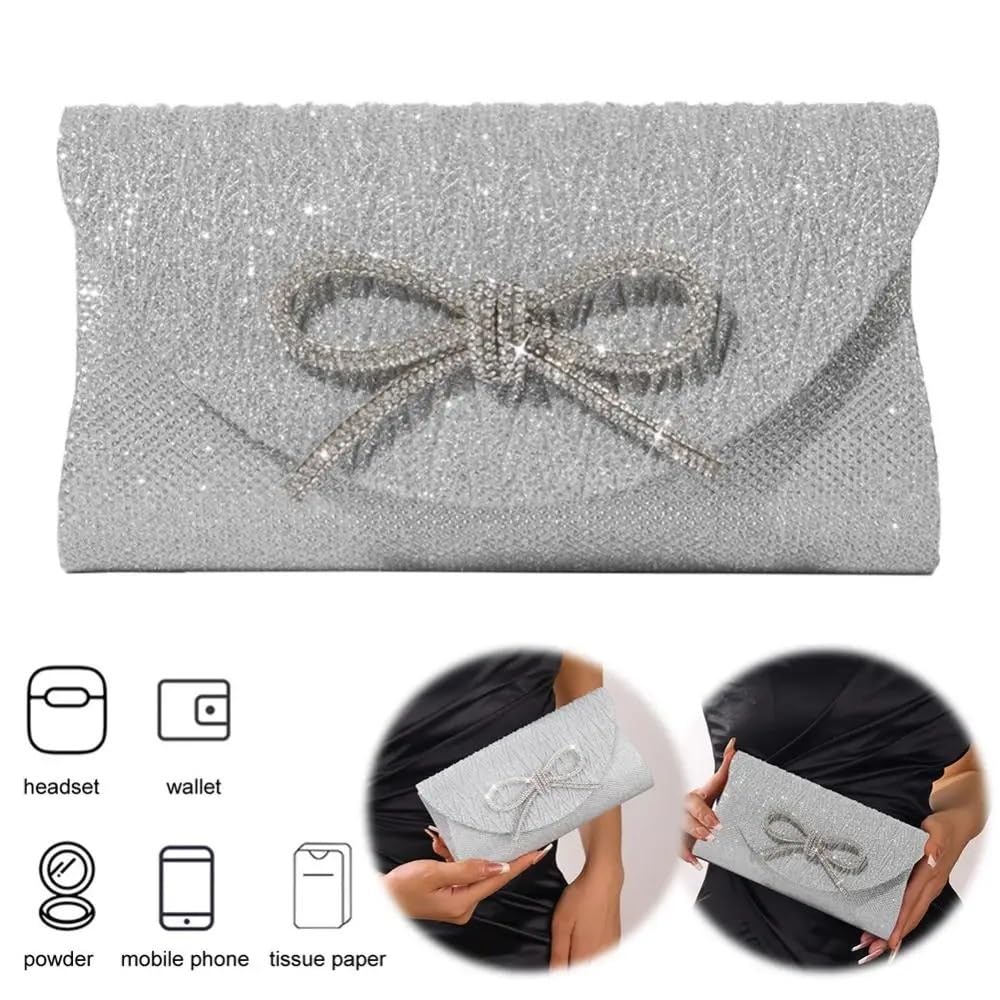 Bolso de noche para mujer, con lazo, formal, de satén y diamantes de imitación, para boda, fiesta, baile de graduación