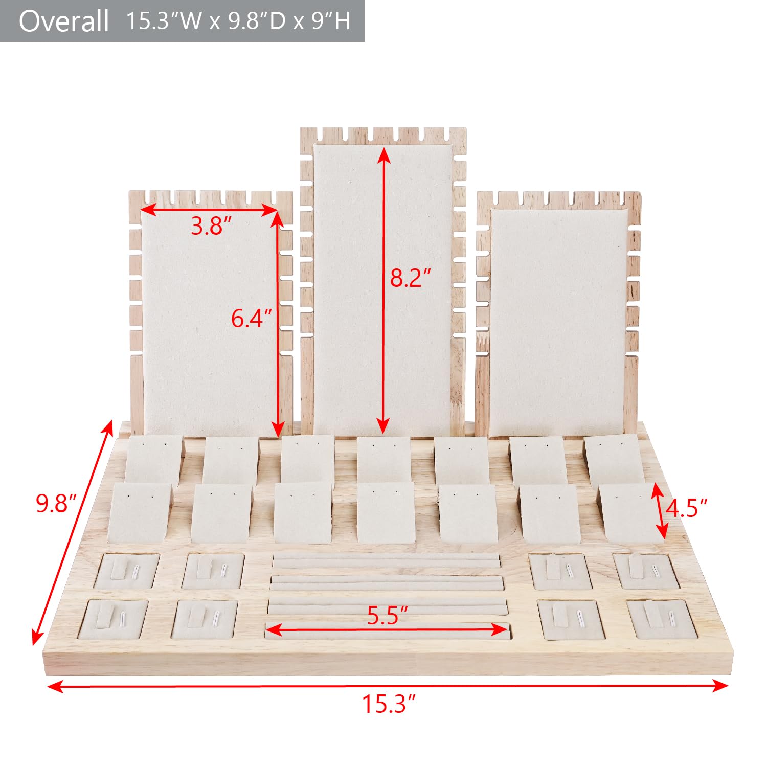 MOOCA Wooden Jewelry Display Stand Set - Versatile, Removable Organizer for Rings, Earrings, Necklaces and Pendants, Beige Suede, 15.3