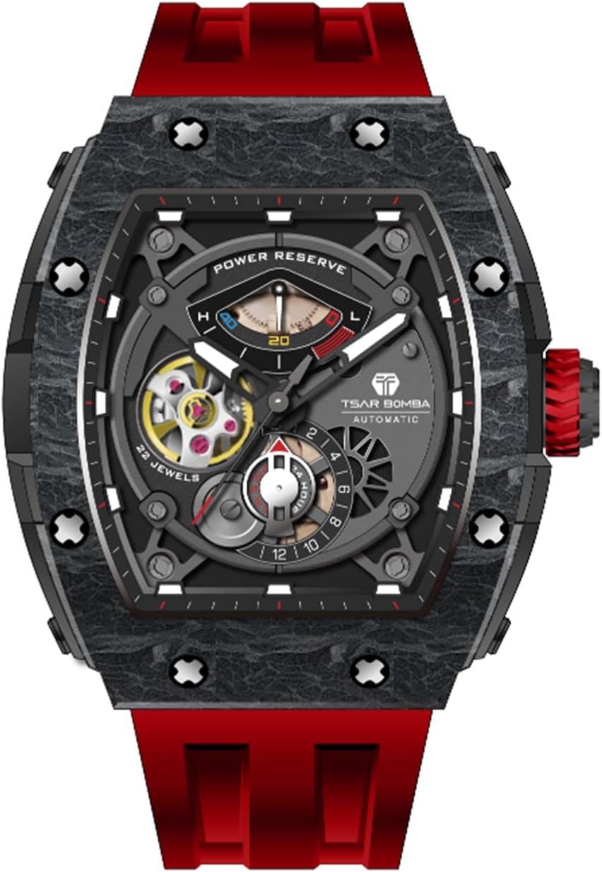 TSAR BOMBA Watches for Men Automatic Mechanical Men's Analog Watch Skeleton Wrist Watch Tonneau Watches Replica Gift Big Face Dial Cool Watch with Luminous Sapphire Crystal Case FKM Rubber Strap