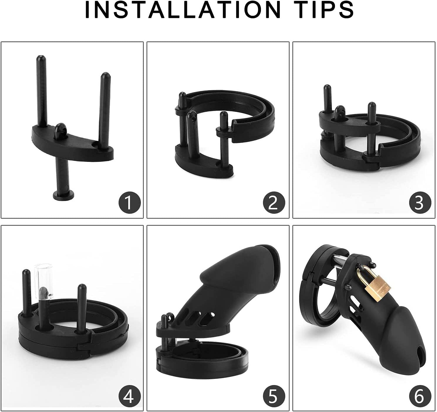 Male CB6000 Chastity Cage with 5pcs Penis Ring Soft Silicone Chastity Device Cock Cage Bondage Sex Toys (Black)