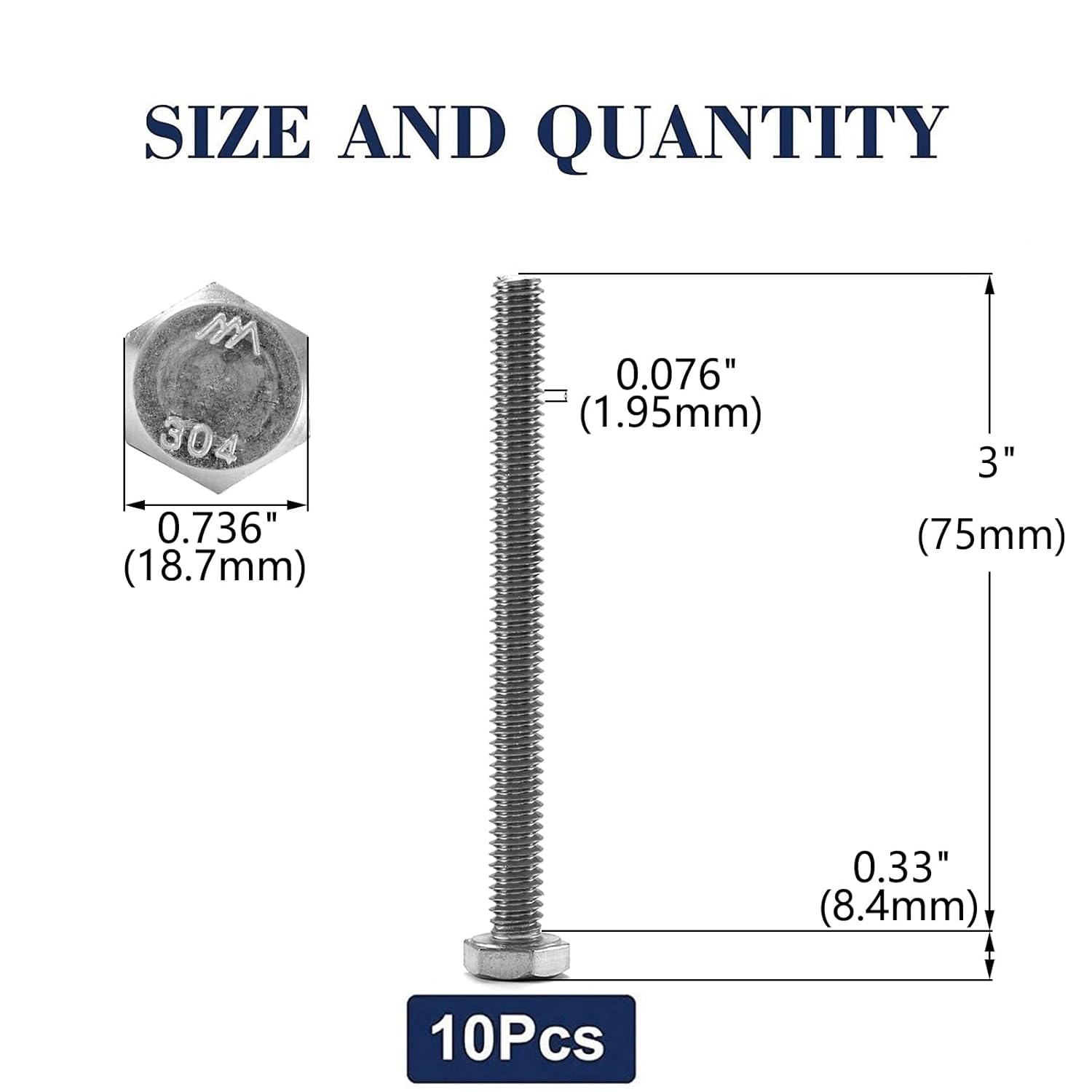 1/2-13 x 3 Hex Head Screw Bolt, 10Pcs 18-8 (304) Stainless Steel, Fully Threaded, Plain Finish, by SG TZH