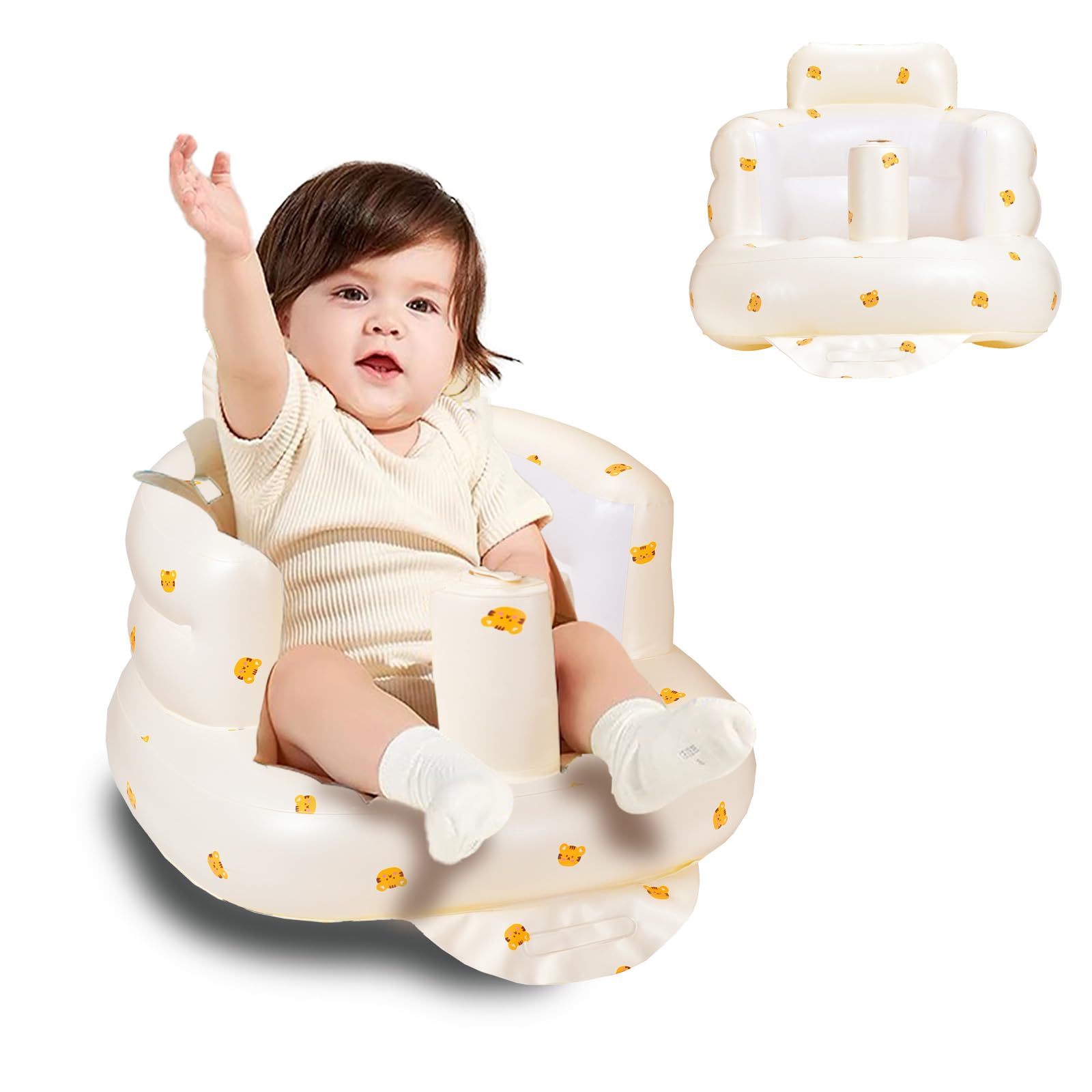 Mengduxd Inflatable Baby Seat, with Built in Air Pump, Inflatable Seat for Babies 3-36 Months for Home, Travel, Camping (Yellow, Tiger Head)