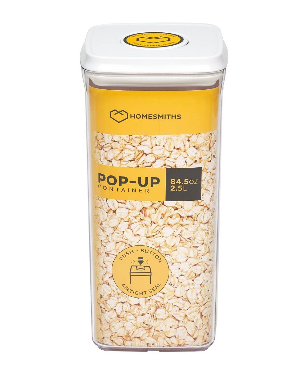 Homesmiths Airtight 2.5l Square Food Popup Container, Kitchen & Pantry Organization, Plastic Canister with Durable Lid, Ideal for Cereal, Flour & Sugar.