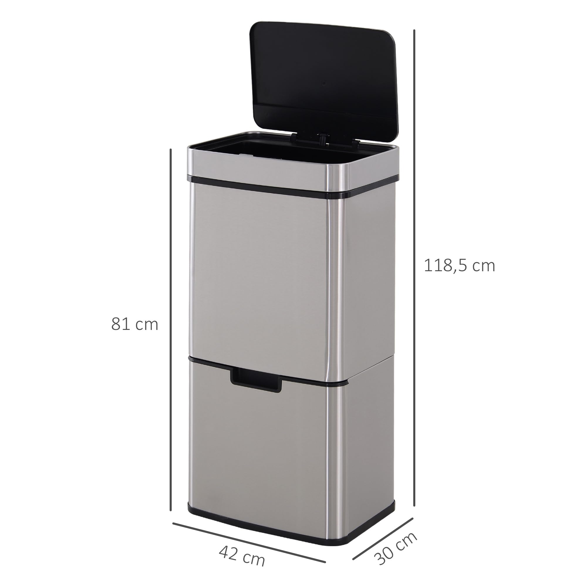 HOMCOM Poubelle de cuisine automatique Tri Sélectif 72L avec 3 compartiments - en acier inox - 42 x 30 x 81 cm