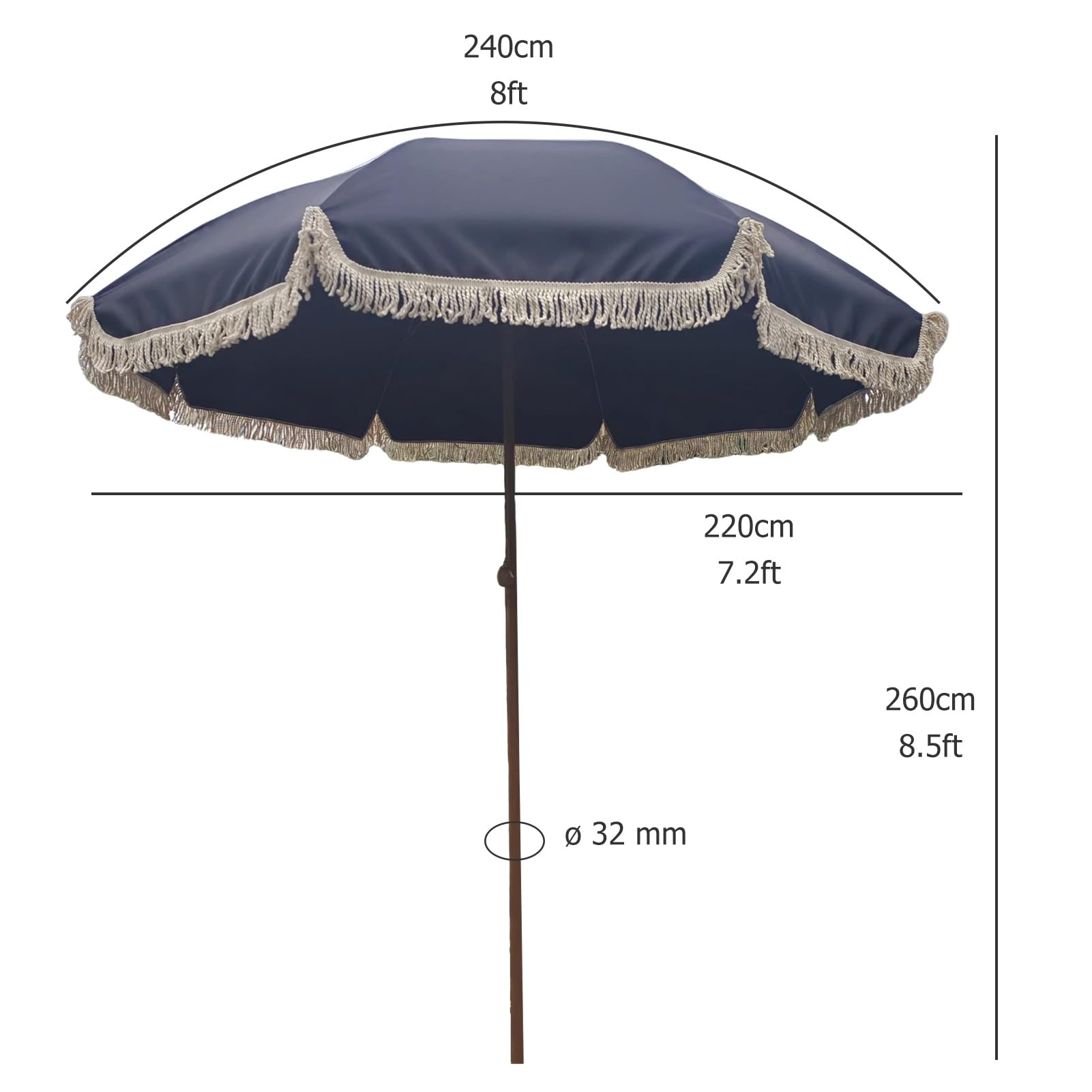 Gotycki parasol ogrodowy 240 cm z frędzlami i regulacją nachylenia, czarny okrągły parasol ogrodowy z frędzlami i żelaznym trzonkiem, żebra z włókna szklanego, do stołu, na plażę, do ogrodu