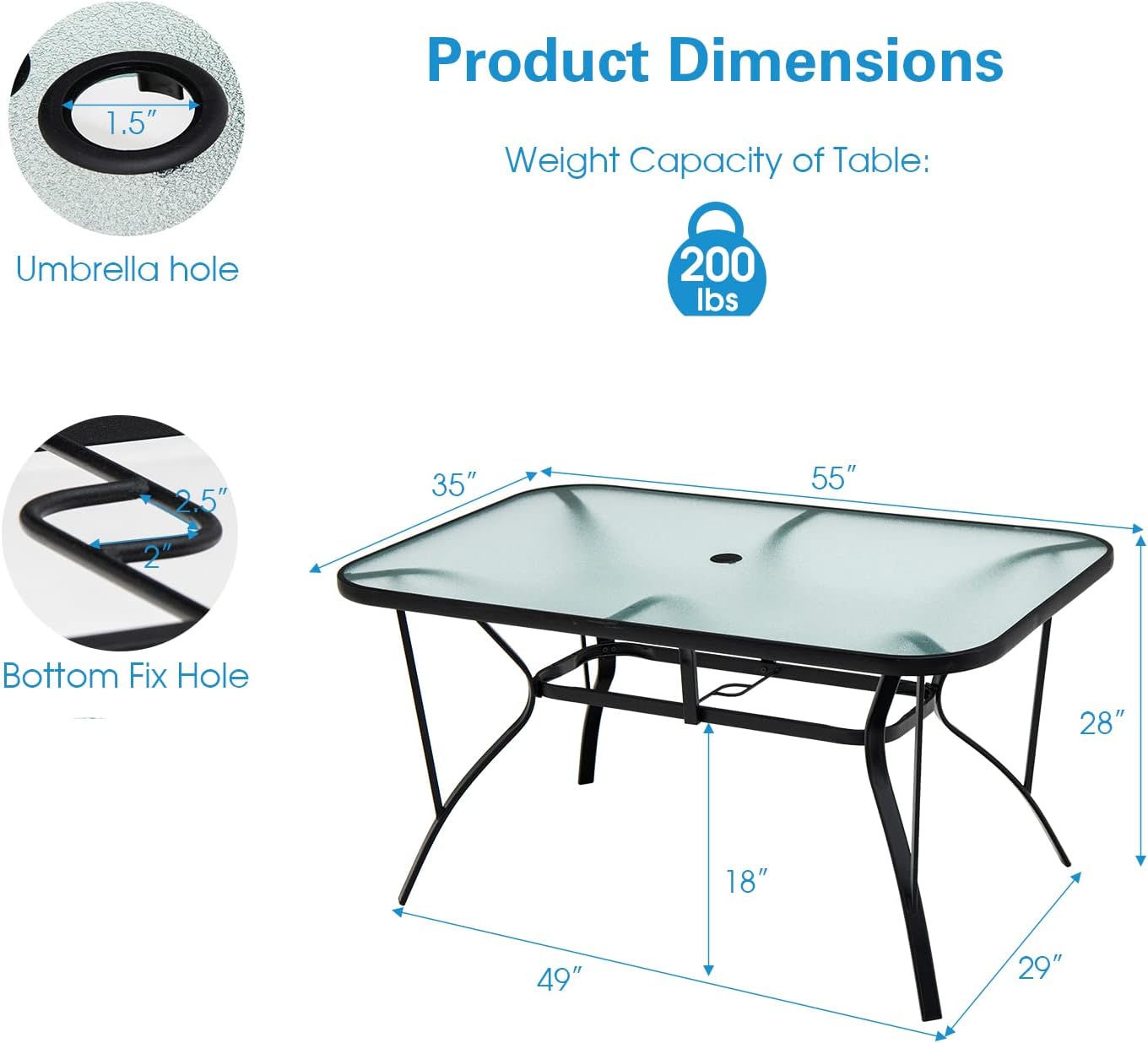 Tangkula 55" Patio Dining Table for 6, Rectangle Outdoor Dining Table with Tempered Glass Tabletop, Umbrella Hole & Metal Frame, 6-Person Outside Dining Table for Backyard, Lawn, Deck & Poolside