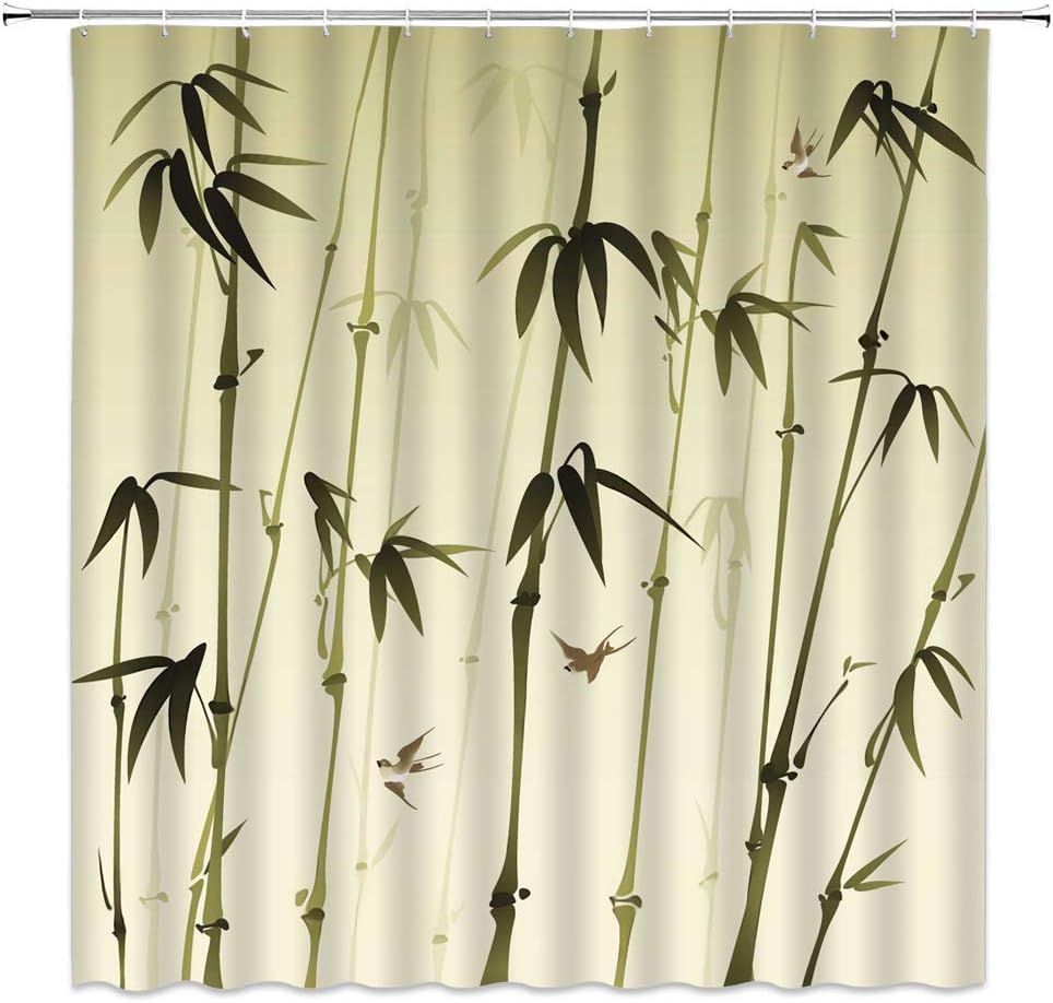 AMHNF Vintage Bamboo Shower Curtain Retro Chinese Style Ink Painting Bamboo Bird Home Bathroom Decor Curtain , 70x70Inch with Hooks Fabric, Green Beige