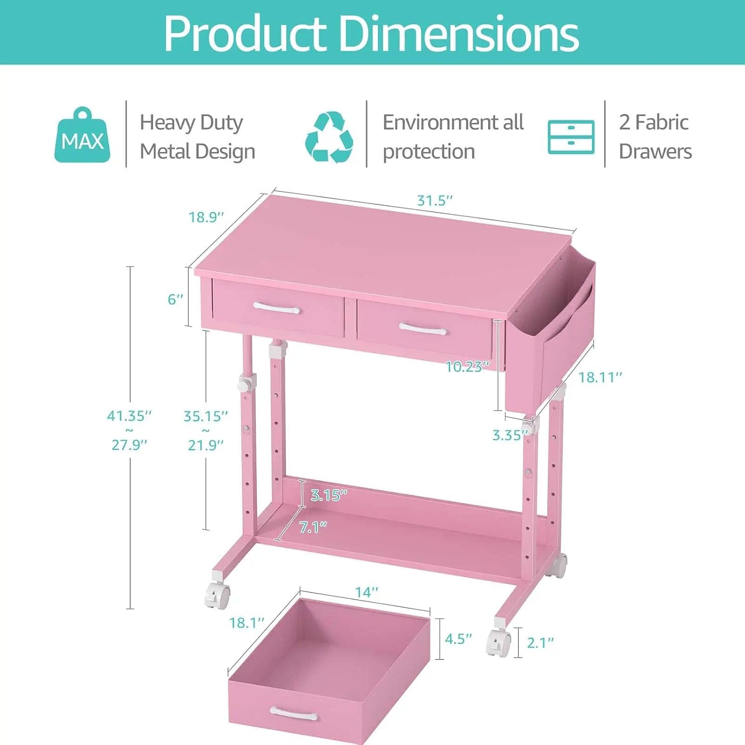 Pink Rolling Desk with Drawers, Small Height Adjustable Girls Standing Desk thumbnail