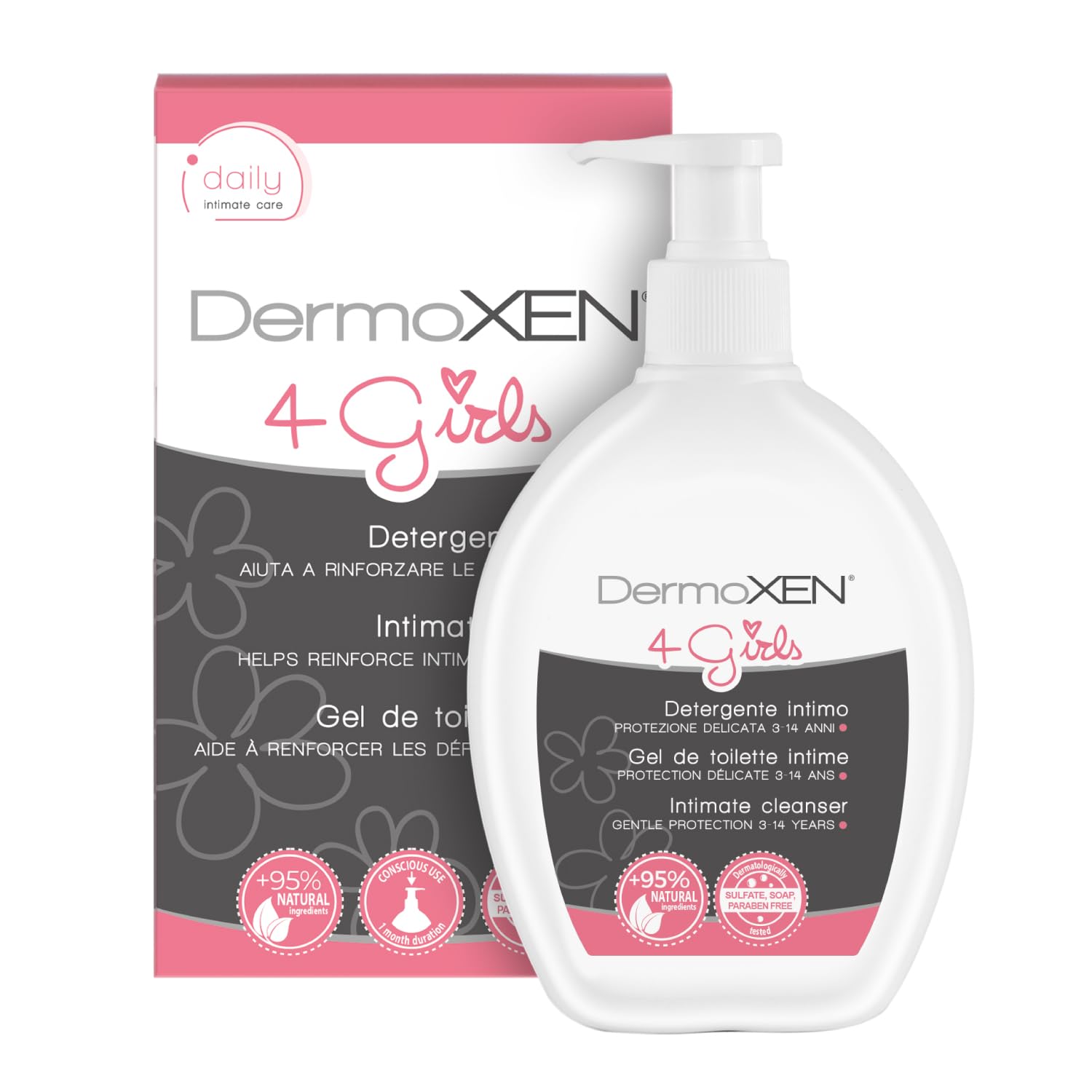 DERMOXEN 4 GIRLS Detergente Intimo Pediatrico per Bambina, Contro Prurito e Arrossamenti. Sapone Intimo Delicato con Acido Lattico, Senza SLES, Parabeni, Allergeni – Età 3-14 Anni. 200 ml