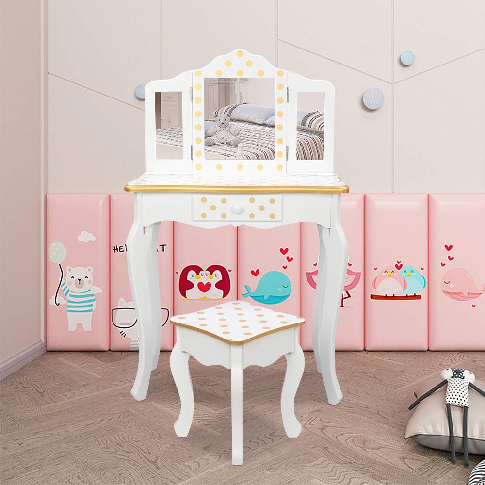 SSLine Kids Vanity Wooden Makeup Table and Chair Set for Girls Princess White/Gold Finish Dot Prints Child Vanity Desk Three-Fold Mirror Dresser with Drawer -Christmas Birthday Gift for Little Girls
