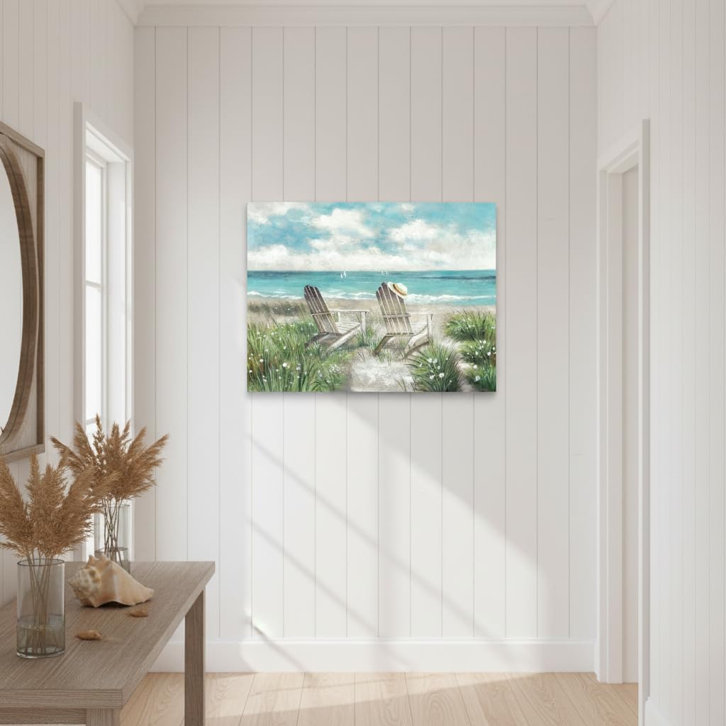 Beach Canvas Wall Art Picture: Ocean Sea Painting Decor Coastal Chair Seaside Grass Artwork Wave Seascape Scene Print for Bathroom Bedroom