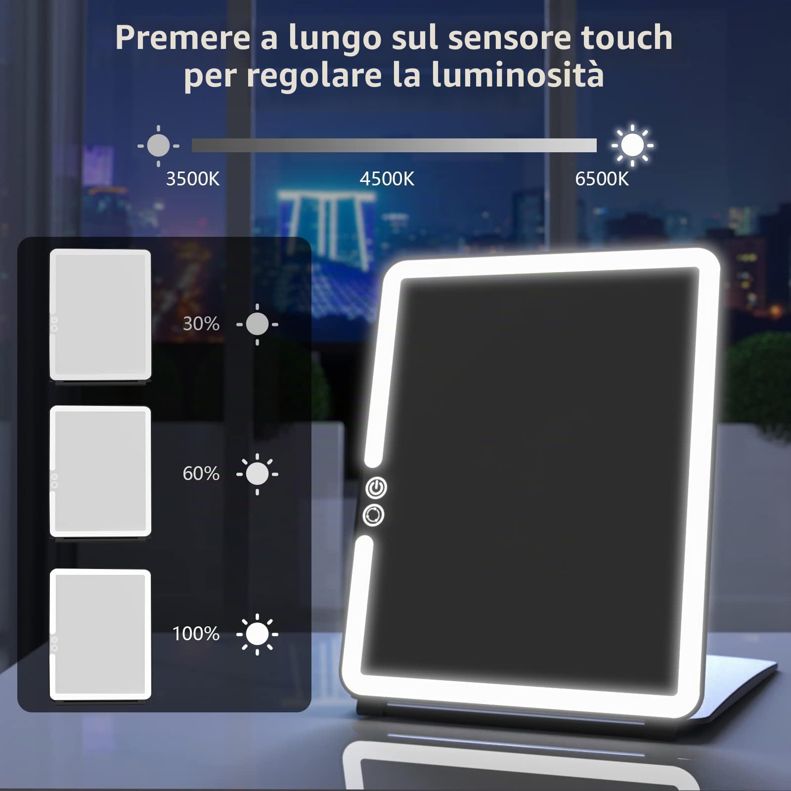 WEILY Specchio Trucco con 72 Luci LED, Touch Screen Tre Colori Regolabile, 2000 mAh USB Ricaricabile Specchio da Viaggio (Nero)