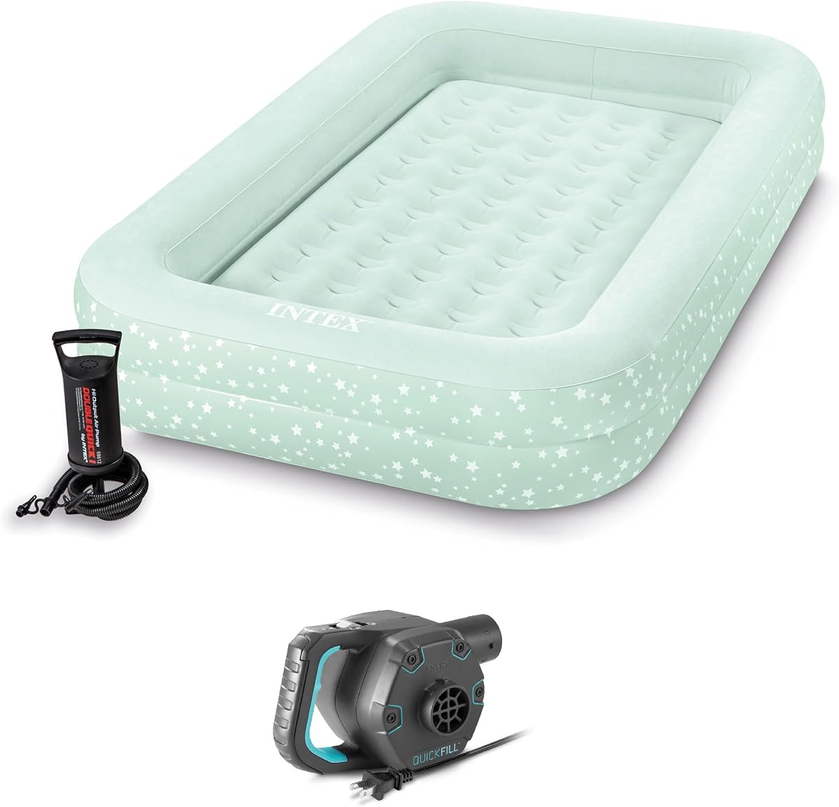 Intex 66810EP Juego de Cama de Viaje Inflable Kidz: Colchón de Aire Incluye Bomba de Mano y Bolsa de Transporte – Uso Interior – 28" x 52 x 4 Incluido con Bomba Eléctrica