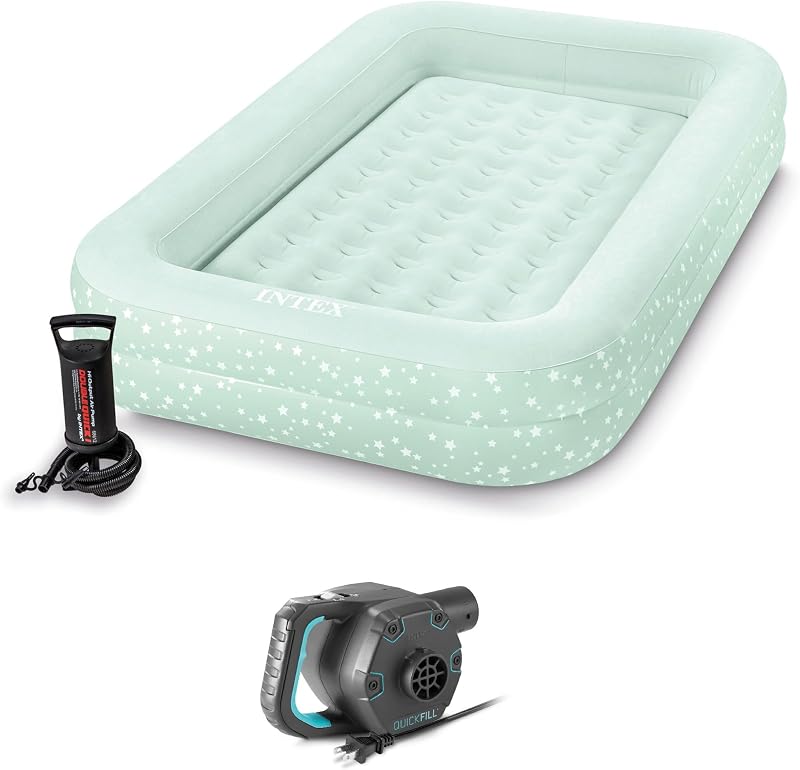 Intex 66810EP Juego de Cama de Viaje Inflable Kidz: Colchón de Aire Incluye Bomba de Mano y Bolsa de Transporte – Uso Interior – 28" x 52 x 4 Incluido con Bomba Eléctrica