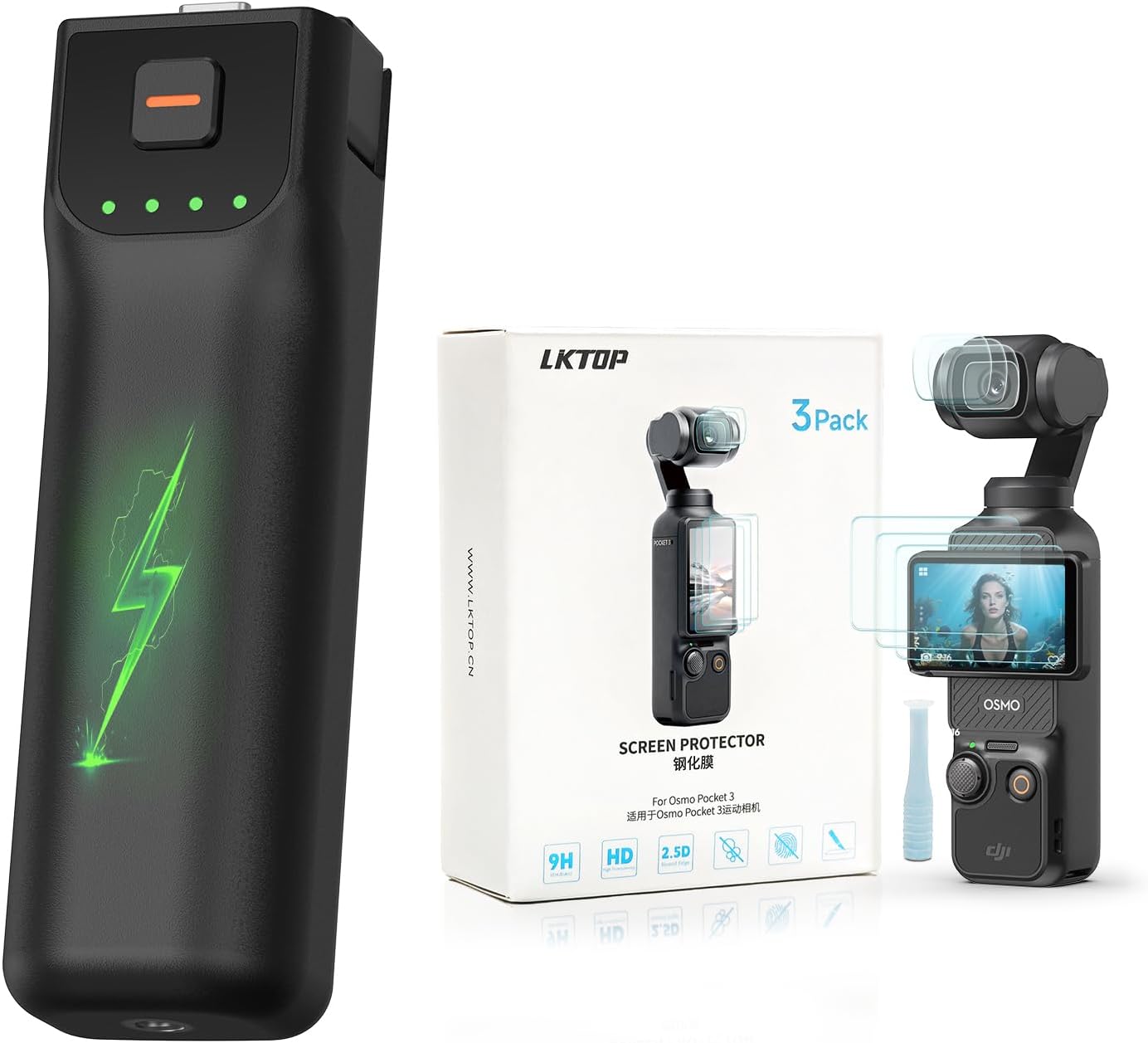 LKTOP Pocket 3 Battery Handle+3Pack Screen Protector for DJI Osmo Pocket 3, Xtra Muse Accessories, 5000mAh Fast Charger 22.5W Power Stick, 6hr Battery Life (Charging Time: 30min Camera, 80min Self)