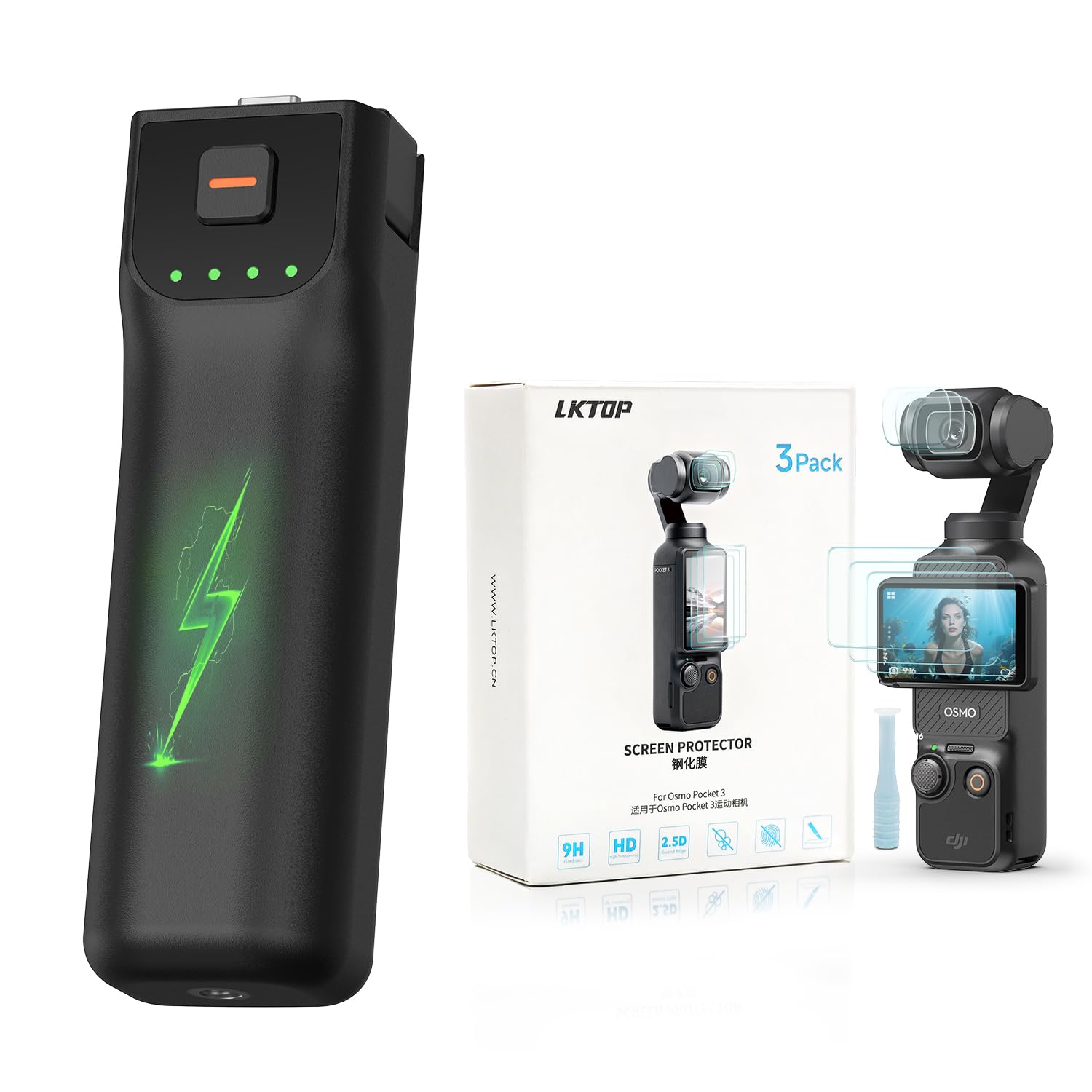 LKTOP Pocket 3 Battery Handle+3Pack Screen Protector for DJI Osmo Pocket 3, Xtra Muse Accessories, 5000mAh Fast Charger 22.5W Power Stick, 6hr Battery Life (Charging Time: 30min Camera, 80min Self)