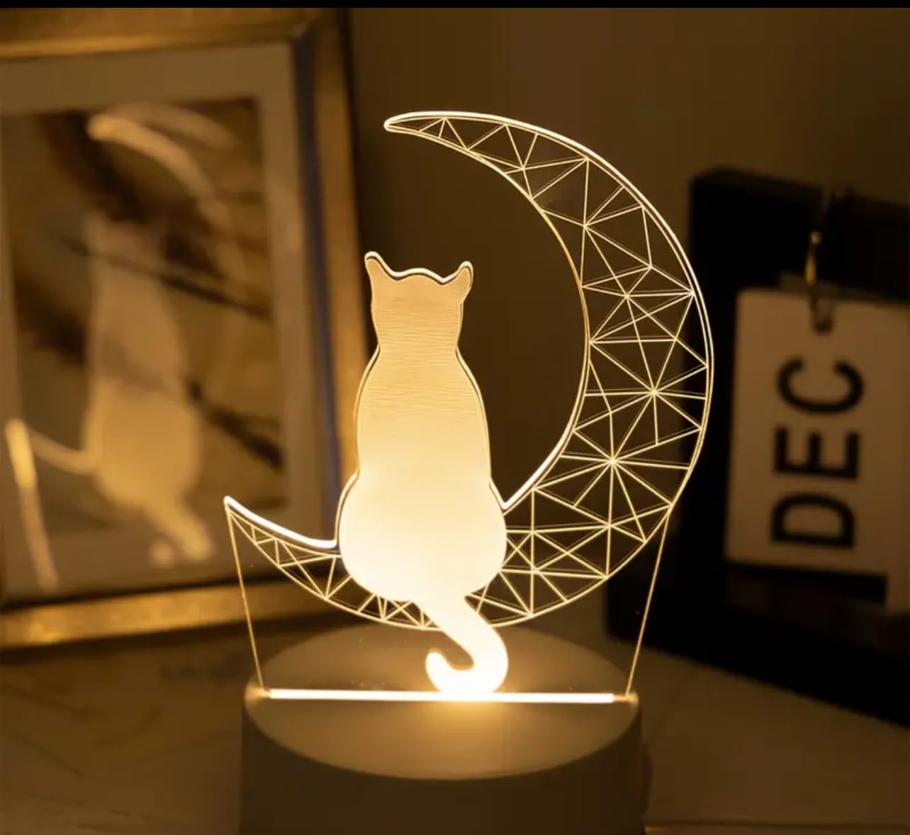 3D Dolphin LED Night Light, USB Powered, Optical Illusion Lamp, Decorative Table Lamp (Moon Cat)