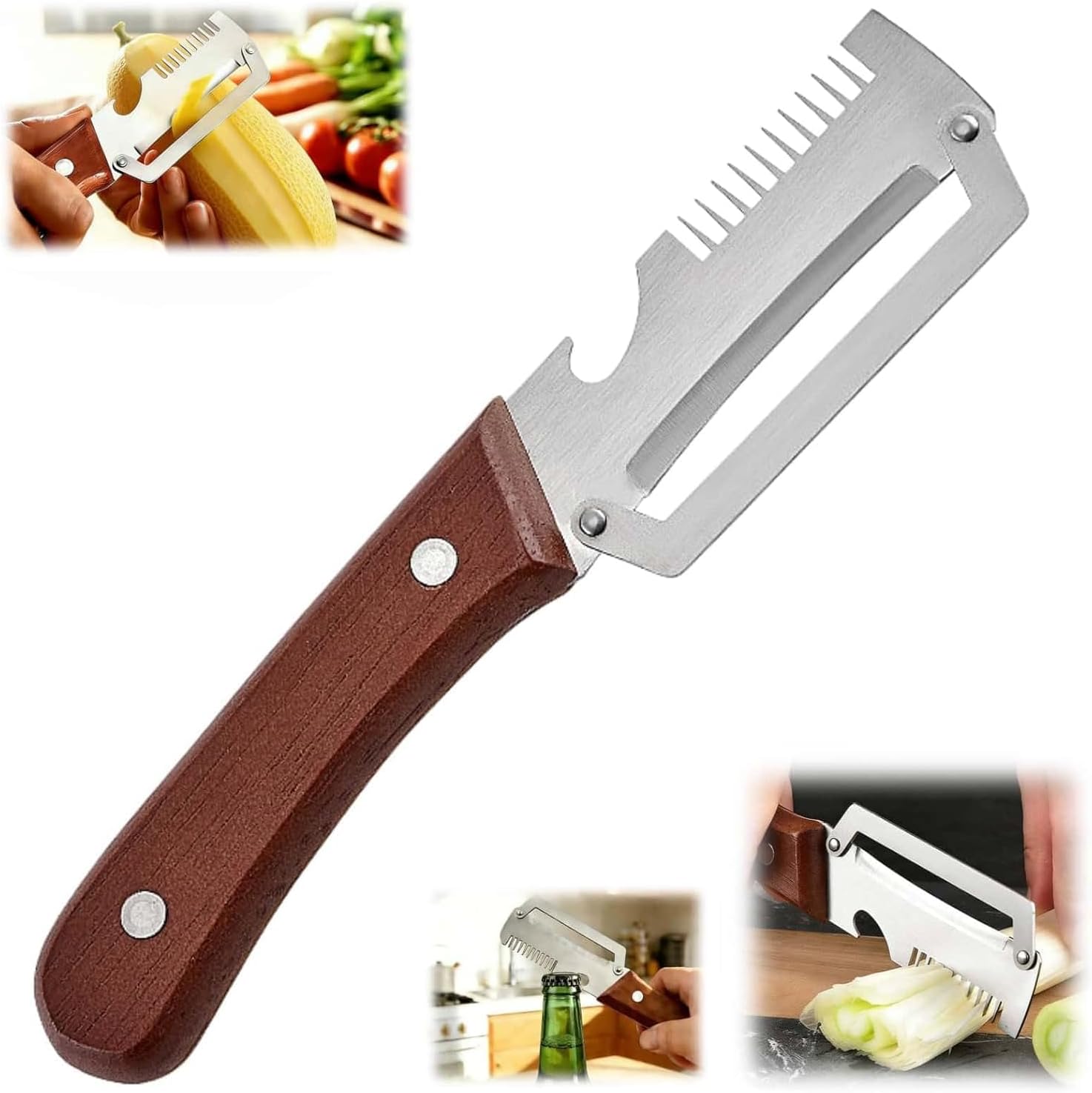 2026 Upgrade Vegetable Peeler With Wooden Handle, Stainless Steel Wide Blade Potato and Carrot Peeler, 3-in-1 Veggie Peelers With Scallion Shredder and Bottle Opener for Kitchen, Camping and Travel