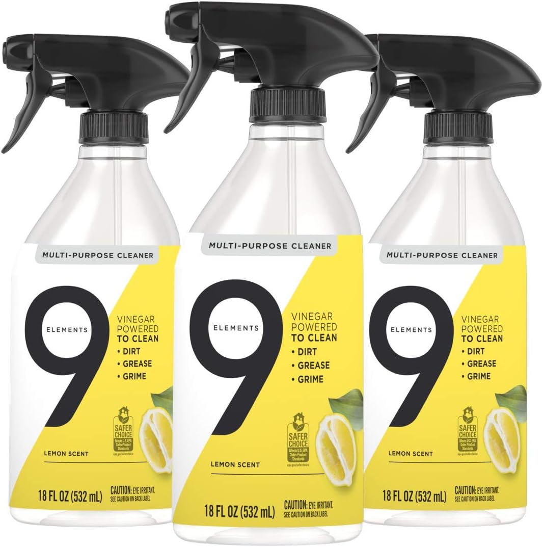 9 Elements All Purpose Cleaner, Kitchen, Floor, & Bathroom Cleaner, Lemon Multi Surface Cleaning Vinegar Spray, 18 oz Bottles (Pack of 3) : Everything Else