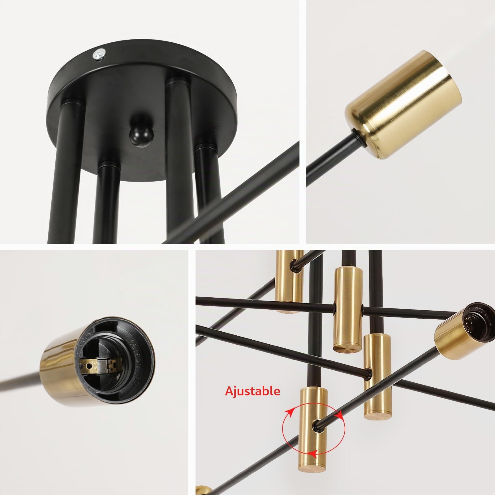 Toolight Lamparas de Techo Industrial 90CM, 8-luz Lámpara de Techo Salon e27, Lampara Techo para Comedor Dormitorio Salón Cocina, Negro y Dorado (Sin Bombilla)